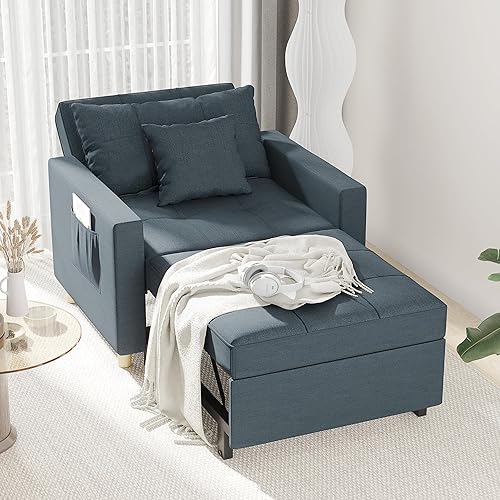 Esright Sleeper Chair, 3-1 Convertible Chair Bed Pull Out Single Sofa Bed with Adjustable Backrest, 2 Pillows, Side Pocket, Upgrade Memory Foam Armchair for Space Saving, Apartment, Office, Navy