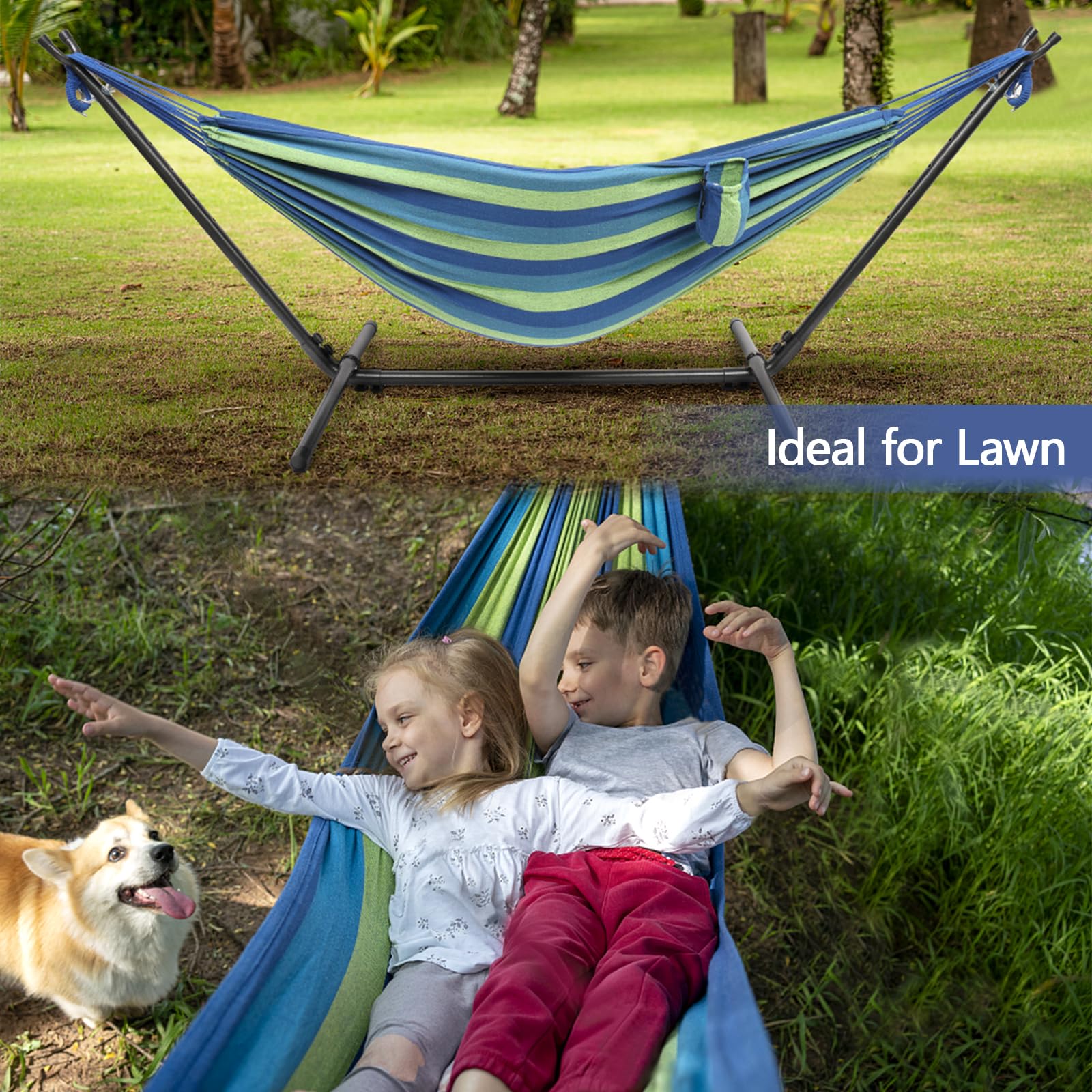 Bonnlo Hamaca con Soporte para Exterior,Hamacas Colgantes, Capacidad de Carga hasta 204 kg, Incluye Bolsa de Transporte, Hamaca Jardin, Hamacas Colgantes,Altura Ajustable (Azul-Verde)
