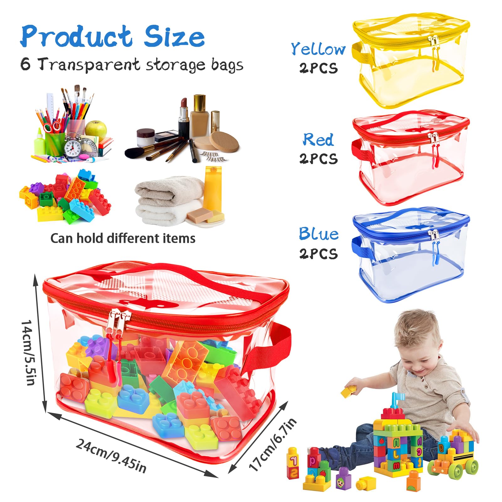 6 bolsas de almacenamiento de juguetes, bolsas de almacenamiento impermeables de PVC transparente con doble cremallera, contenedor con asa, bolsa de aseo de viaje reutilizable, organizador de juguetes