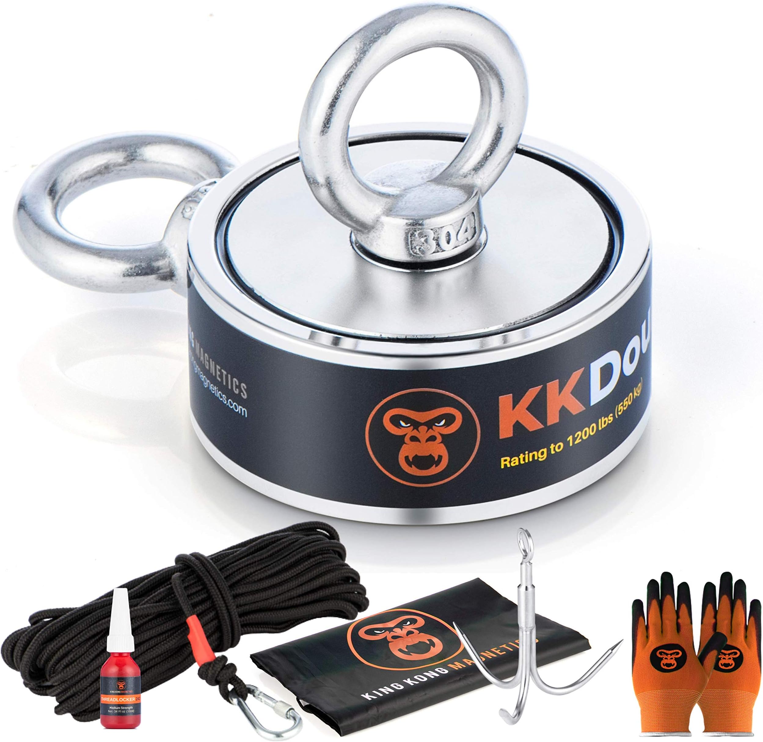 King Kong Magnetics Fishing Magnet Kit - 1200 Lb Double Magnet, Gloves, 8mm Rope, Grappling Hook, Waterproof Bag, Thread Locker, Carabiners | Ultimate Fishing Bundle Pack