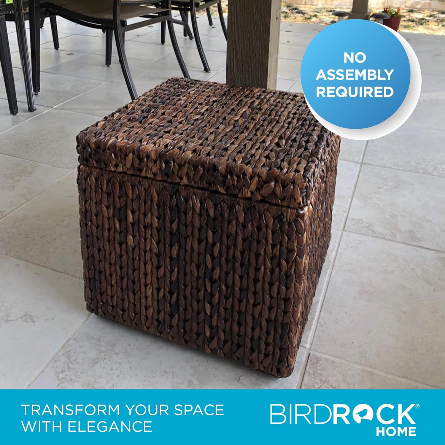 BIRDROCK HOME Storage Cube Box with Lid - Brown Wash Seagrass - Hand Woven Container for Blankets Pillows - Sturdy Metal Frame