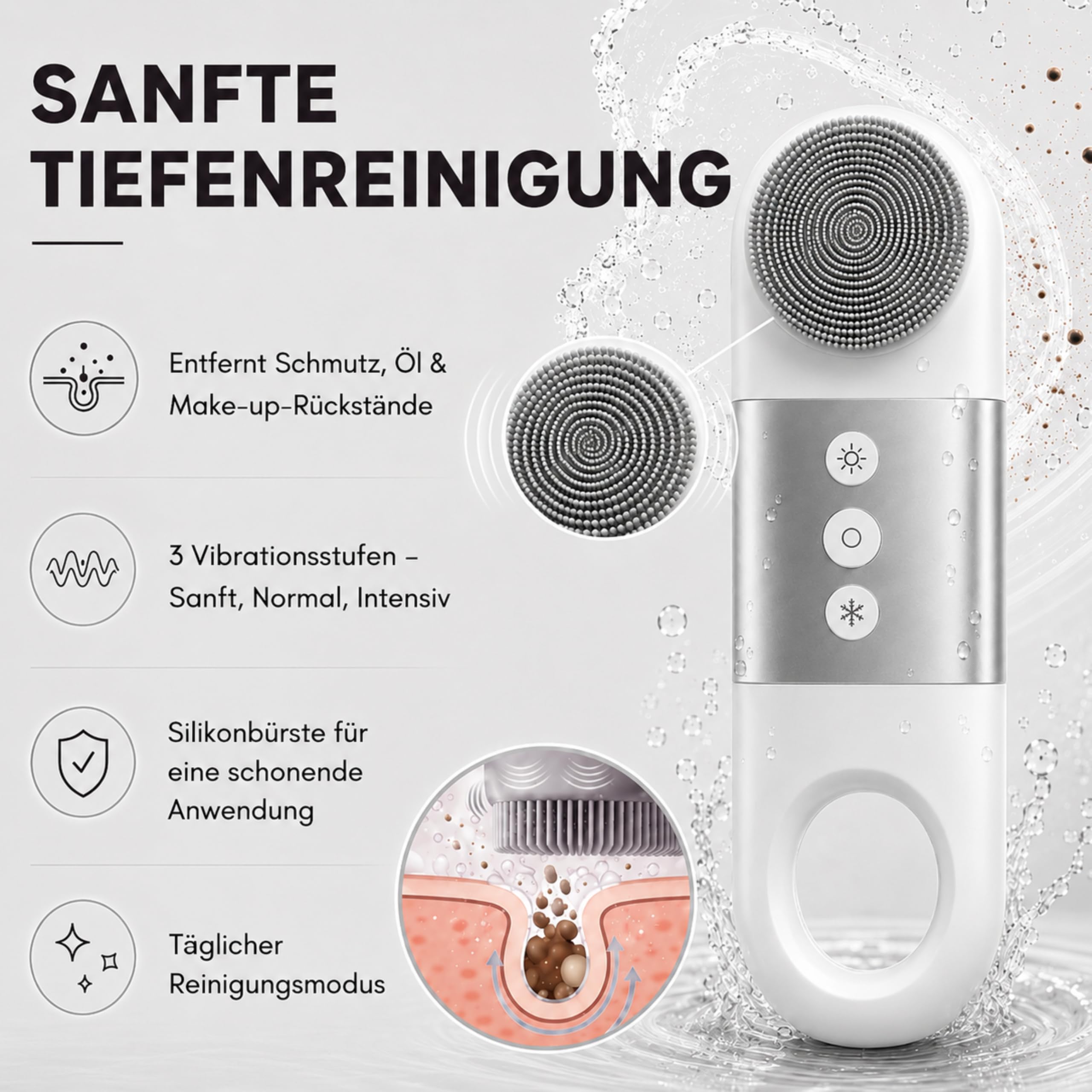 Gesichtsreinigungsbürste elektrisch, 3-in-1 Gesichtsreinigungsgerät mit Wärme & Kälte Funktion, Tiefenreinigung durch Vibrationsfunktion, Anti Aging Gerät für Gesichtspflege, Wiederaufladbar