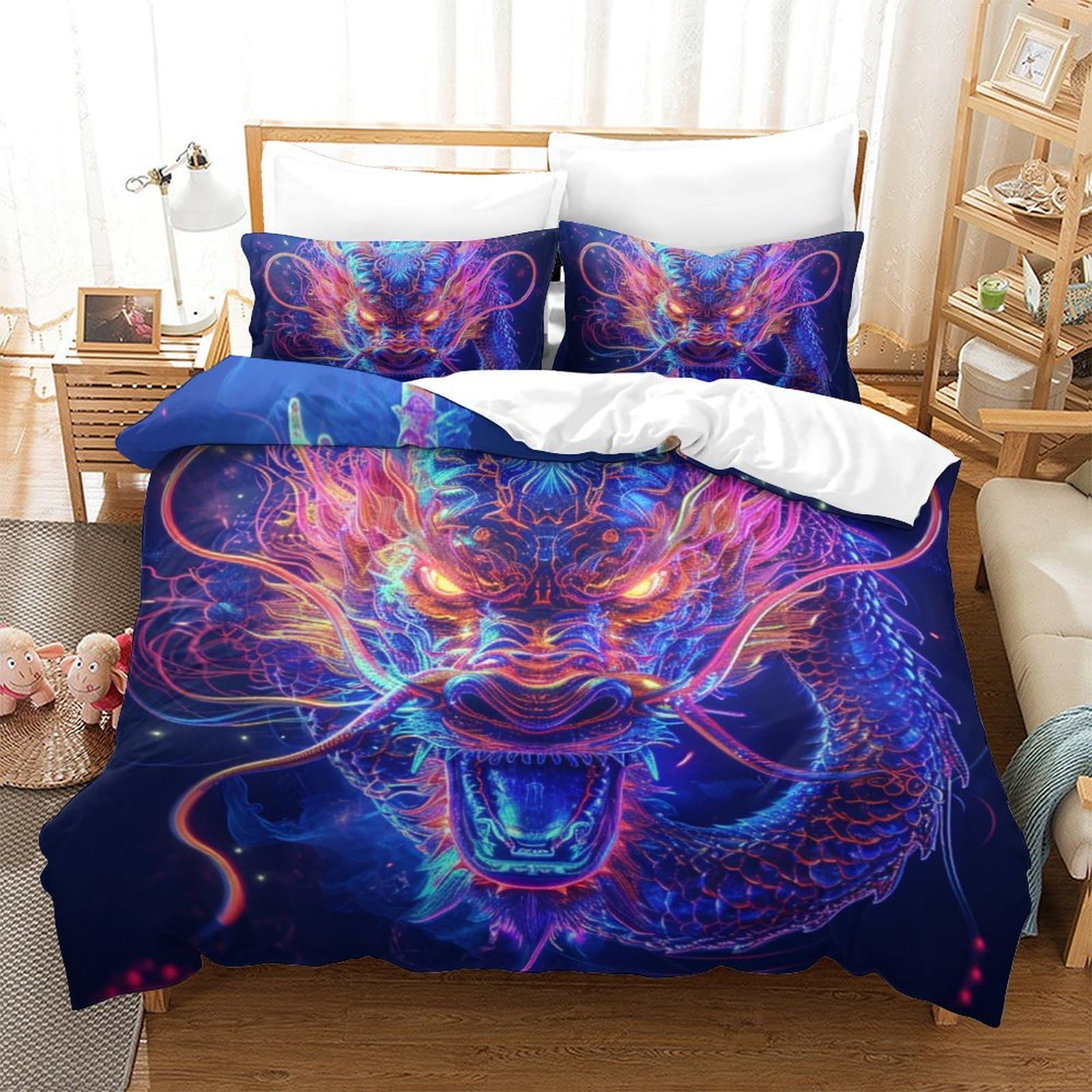 Housse de couette dragon 220x240 parure de lit 3D microfibre avec taie d'oreiller