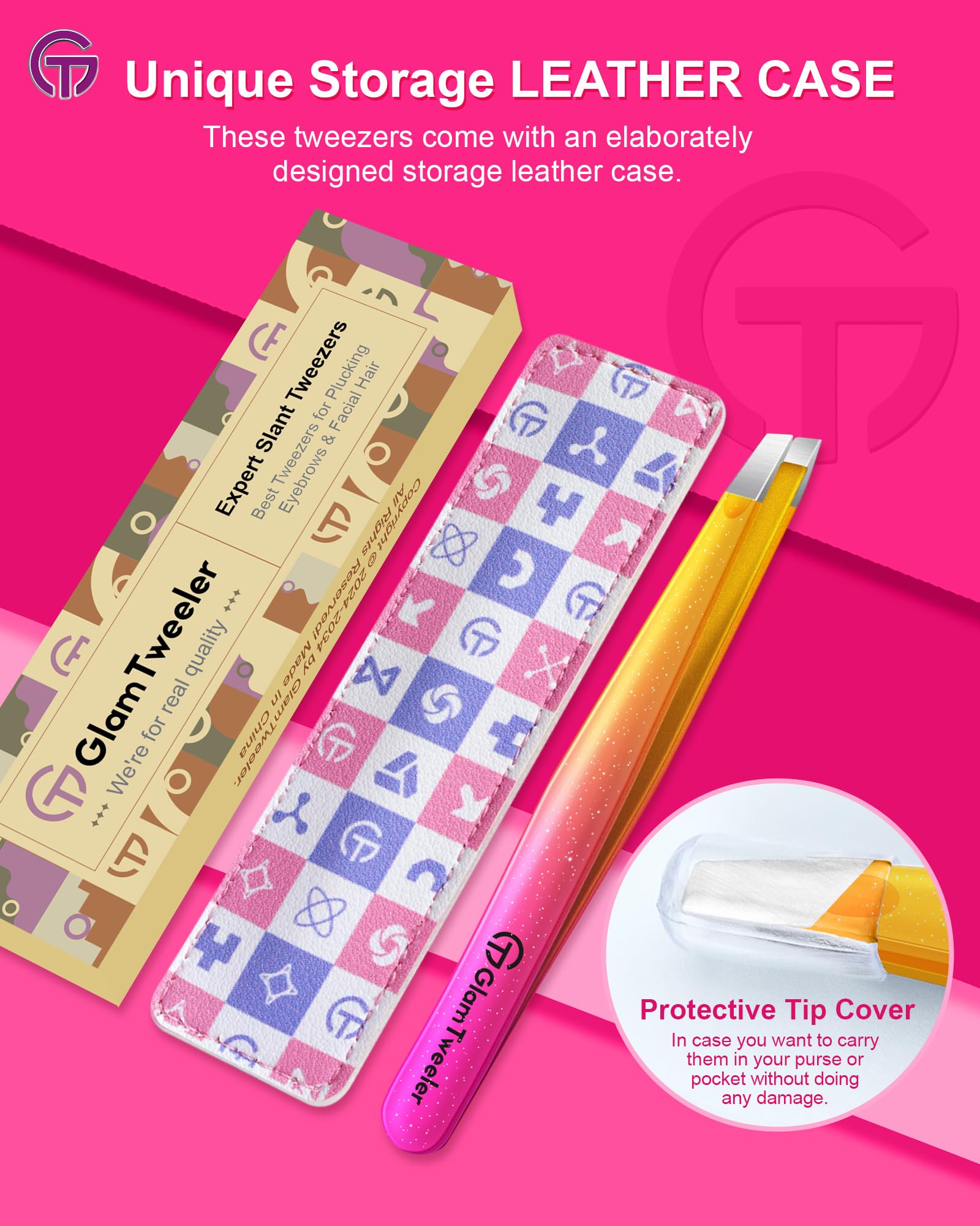 GlamTweeler Expert - Pinzas de depilación de cejas con funda de cuero, punta inclinada de alta precisión, pinzas de acero inoxidable para hombres y mujeres (fucsia brillante y amarillo)
