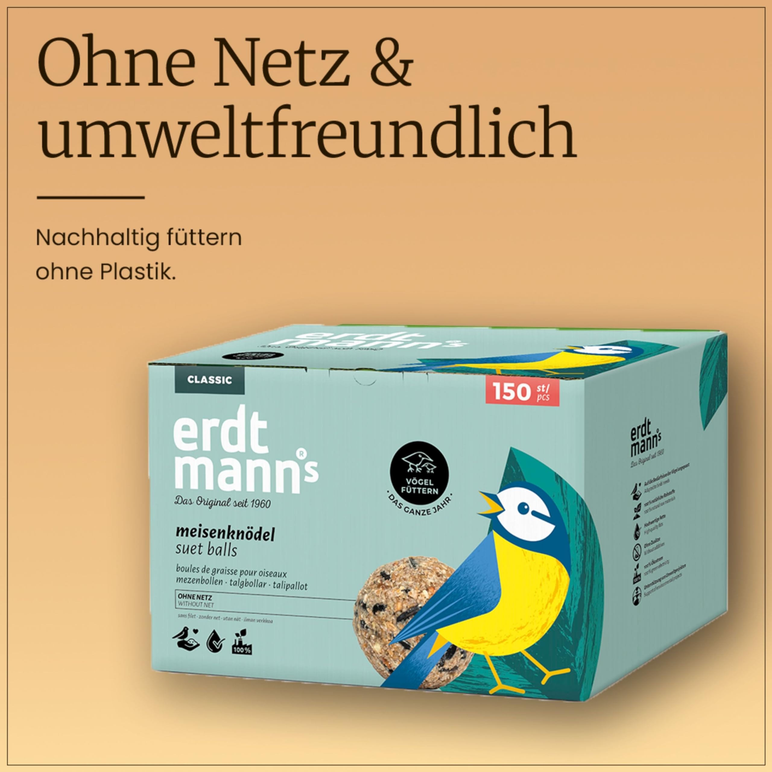 Erdtmanns Meisenknödel ohne Netz 150 Stück (13,2 kg Netto) – Wildvogelfutter im Karton – Umweltfreundliche Knödel - ganzjährige Fütterung – Meisen, Finken & Singvögel