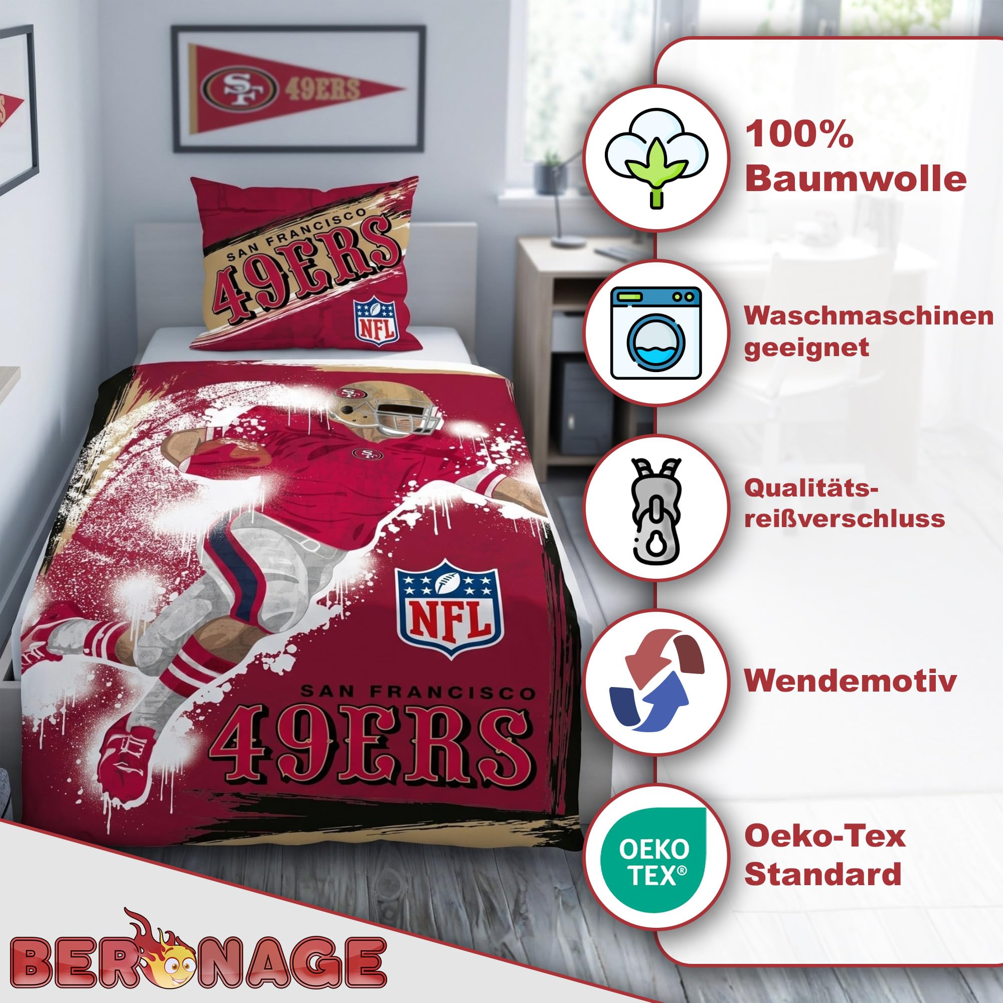 NFL pościel San Francisco 49ers Player 135 x 200 cm + 80 x 80 cm 100% bawełna w jakości renforcé-linon zamek błyskawiczny American Football Fan Super Bowl Sourdough Sam dwustronna poszewka w rozmiarze