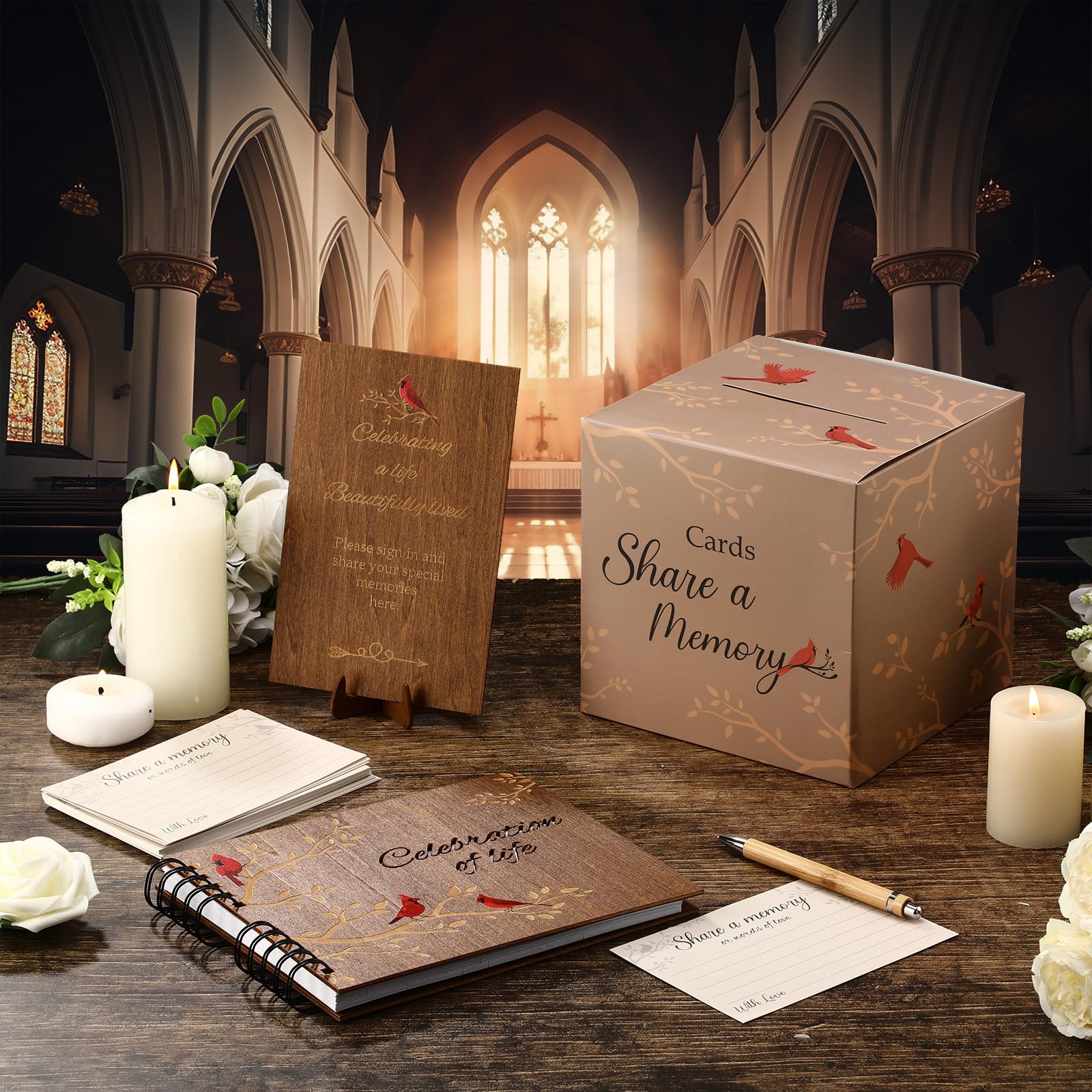 Engrowtic Juego de 64 libros de invitados funerarios de madera con diseño de cardenal para celebrar la vida por el servicio conmemorativo en memoria amorosa, 60 piezas de tarjetas de memoria, caja de