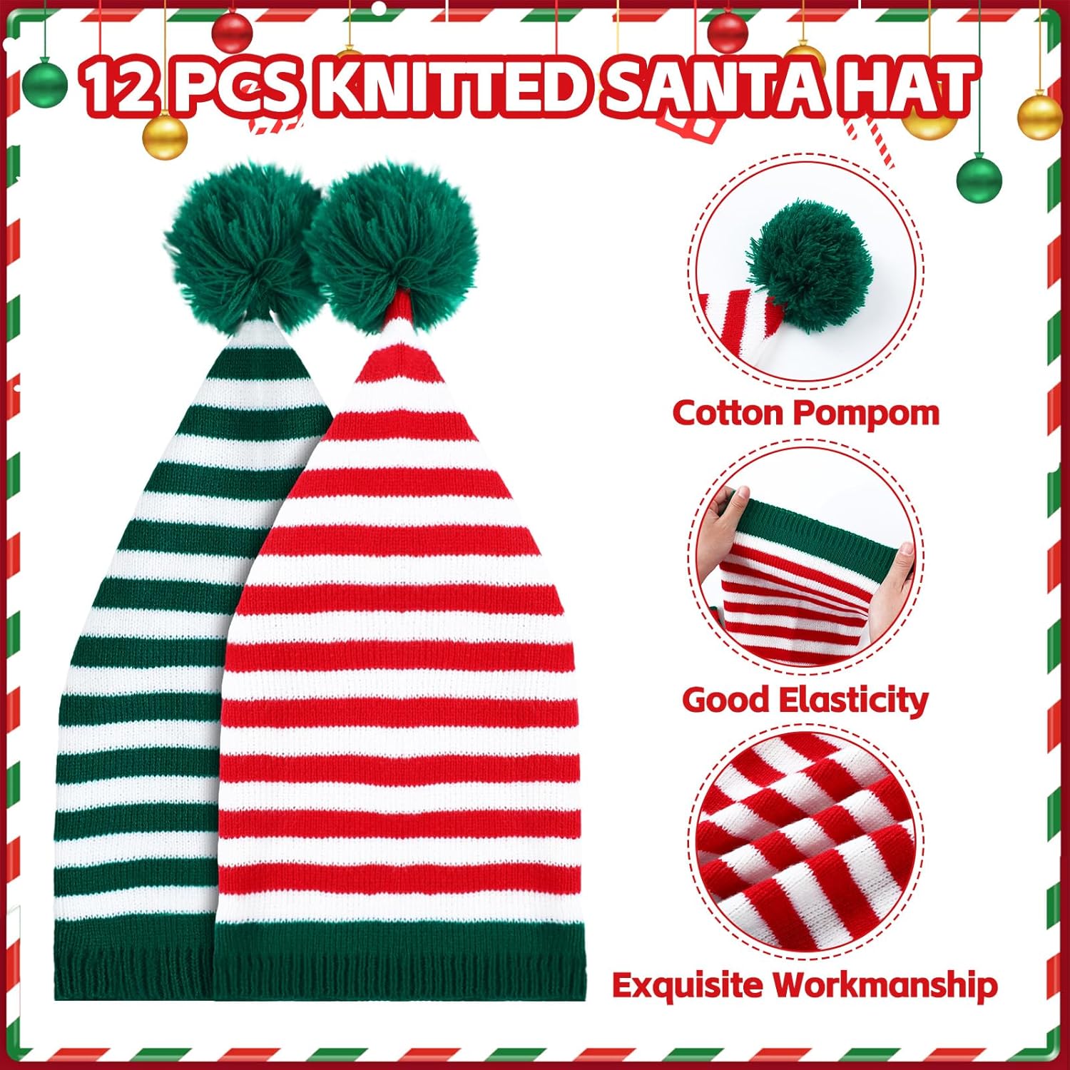 Ramede 12 Christmas Knitted Elf Hats Santa Hat for Adults Xmas Beanie Winter Hats with Pompom Bulk Crochet Caps for Women Men - Image 5