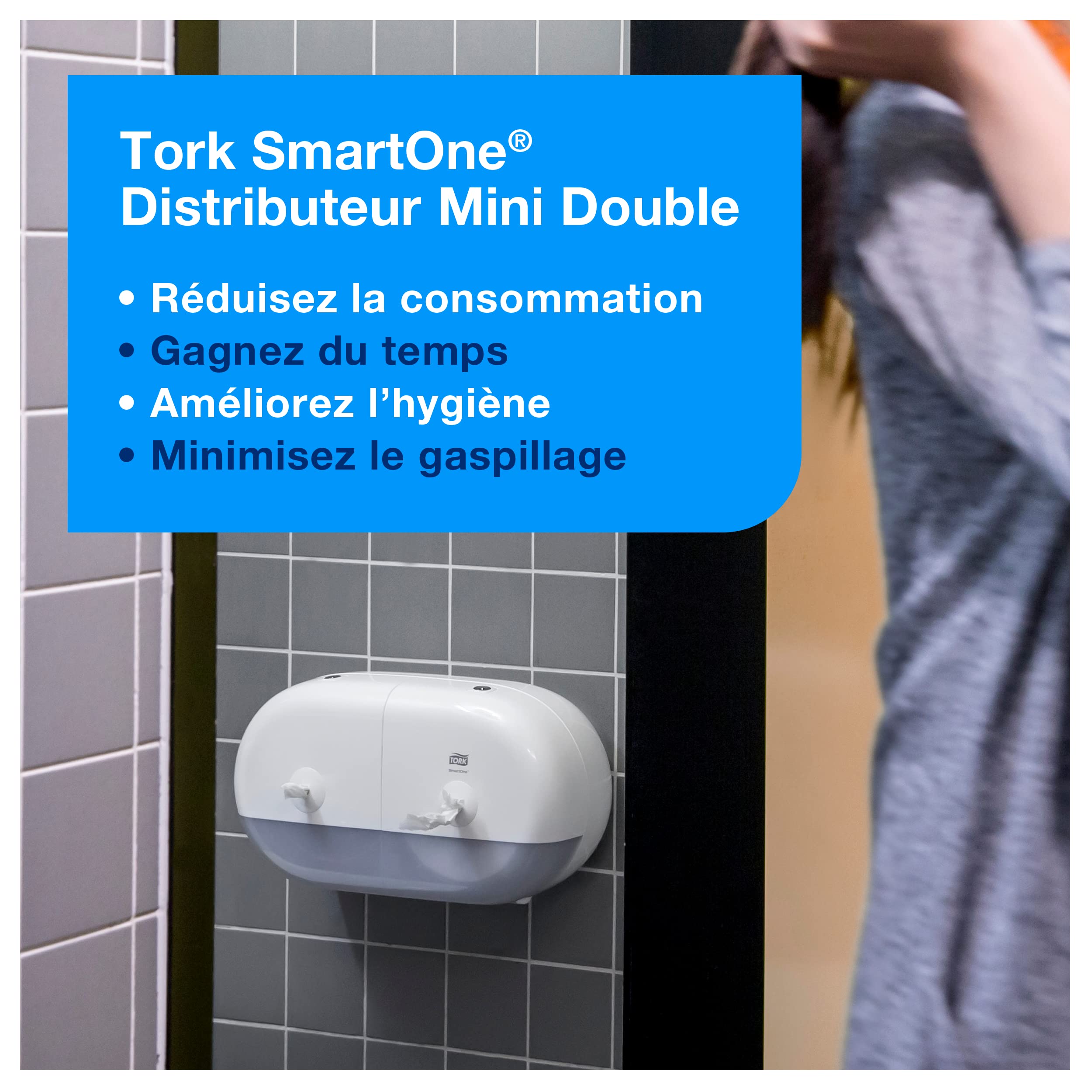 Tork SmartOne Distributeur murale Mini double pour papier toilette rouleau blanc T9, grande capacité, gamme Elevation, 682000