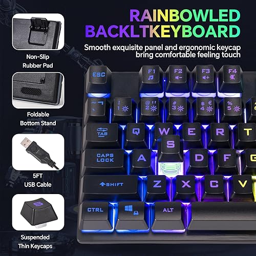Miniatura 2 de Juego de teclado para juegos, mouse y mouse con micrófono, todo en uno, USB con cable RGB, retroiluminado, arco iris, botón lateral, compatible con