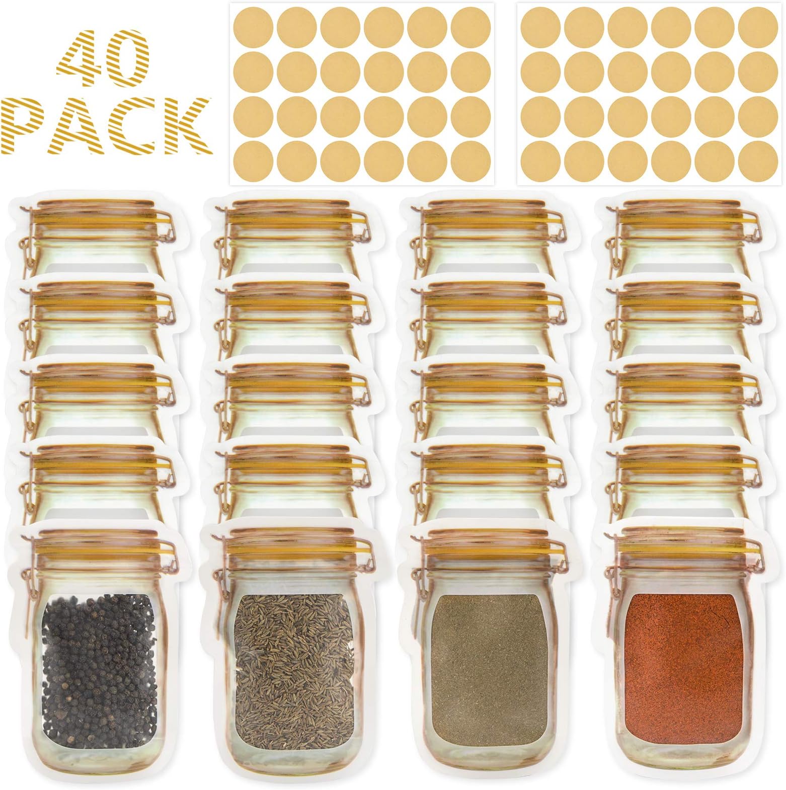 Storage Bags - 40 PCS Small Mason Jar Bags with 48 PCS Spice Labels, Leak-Proof Zip-Lock Container for Travel, Camping and Picnic