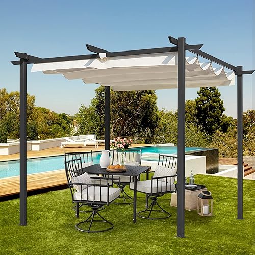 ECOTOUGE Pérgola de 10 x 10 pulgadas para exteriores, toldo retráctil para pérgola (resistente a los rayos UV e impermeable), marco de aluminio y