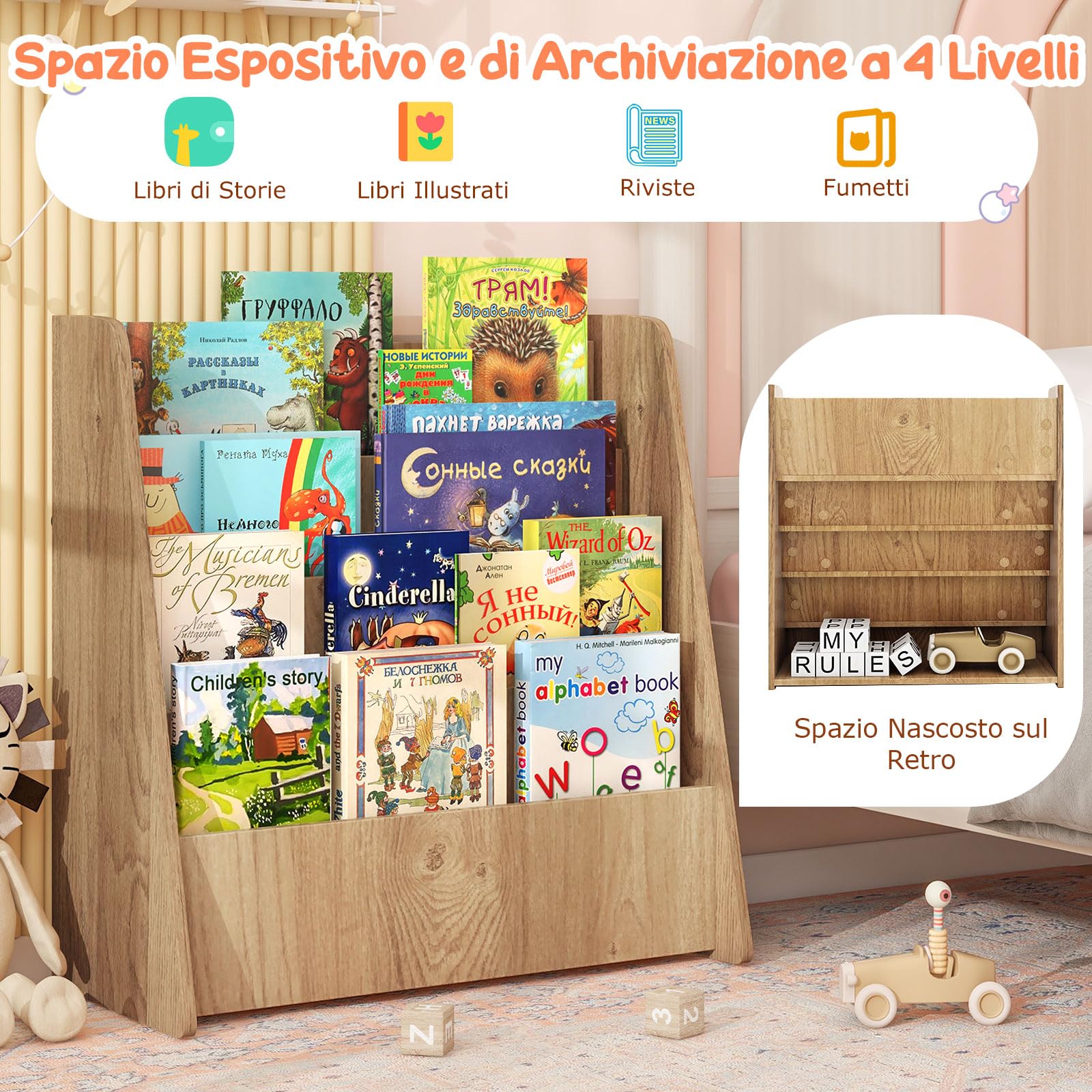 RELAX4LIFE Libreria Montessoriana per Bambini, Libreria in Legno a 4 Ripiani, Carico 40KG, Portariviste da Terra, Mobiletto Porta Libri per Cameretta e Asilo Nido (Naturale, 57,5x26,5x59 cm)