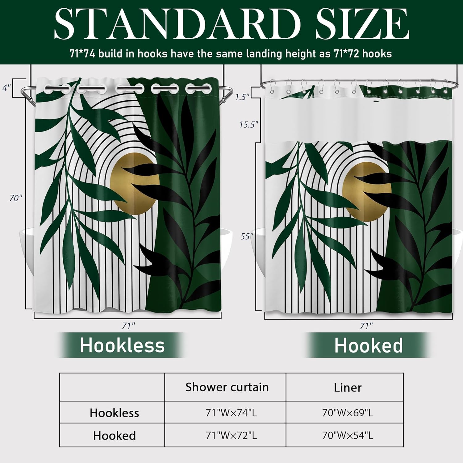 Olive Green See Through Mesh Top Shower Curtain with Window, Boho Mid Century Double Layer Shower Curtains with Snap in Liner with Magnets, Waterproof Cloth Fabric with Hooks, 71" W x 72" L