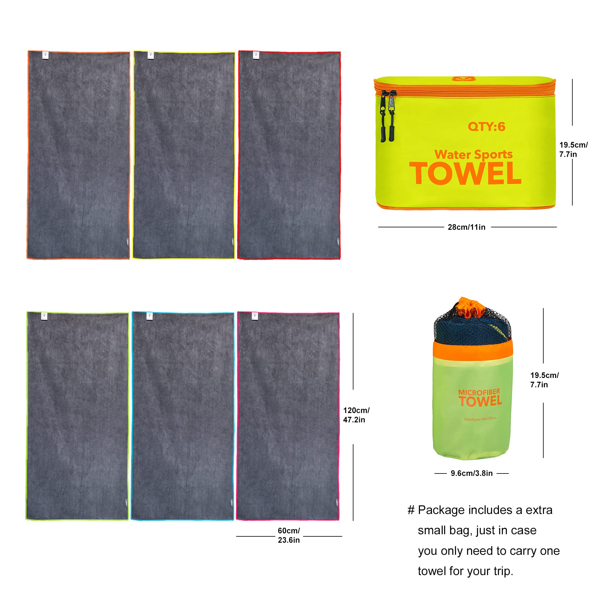 4Monster Lot de 6 serviettes de sport en microfibre avec sac d'accessoires, séchage rapide, super légères, ultra absorbantes, pour la plage, le camping, le bain et la piscine (lot de 6, jaune)