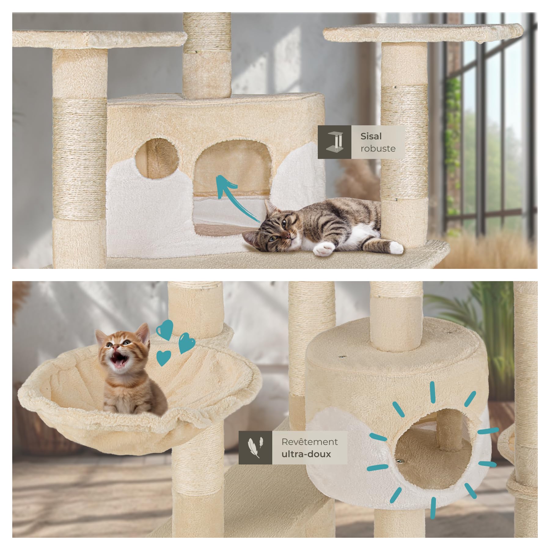 tectake® Arbre à Chat XXL Griffoir pour Chat en sisal H201 cm, Maison pour Chats Accessoire Chats avec Grattoir Niche Couchage Hamac Panier Lit