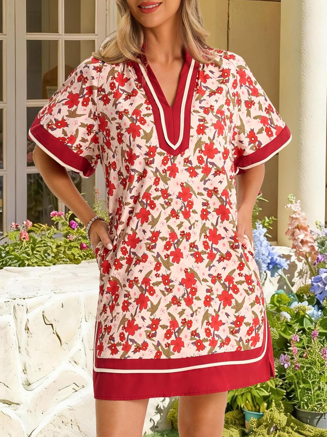 Wenrine Womens Summer Floral Shirt Dresses Puff Sleeve Casual V Neck Color Block Side Slit Loose Beach Mini Dresses - Image 2