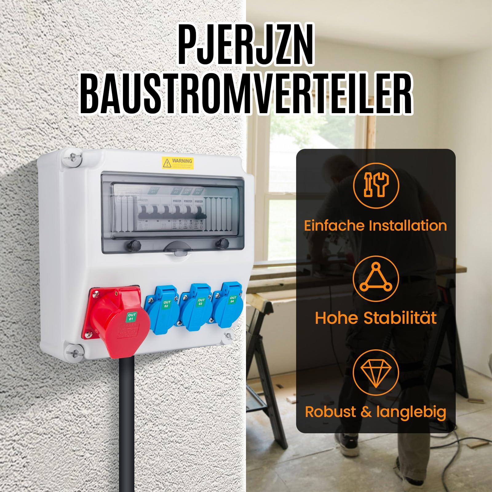 Distributore di corrente da cantiere con presa CEE da 16 A, distributore da parete, IP44, per cantieri e officine, con 3 x 16 A 1P LS + 1 x 16 A 3P LS (3 x 16 A 1P LS + 1 x 16 A 3P LS)
