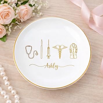UrbanNEST Personalized Doctor Trinket Dish, Custom DR Ceramic Jewelry Tray, Doctor Graduation Gifts, MD Ring Dish Gift for Medical Student Graduate, Med School Student Gift