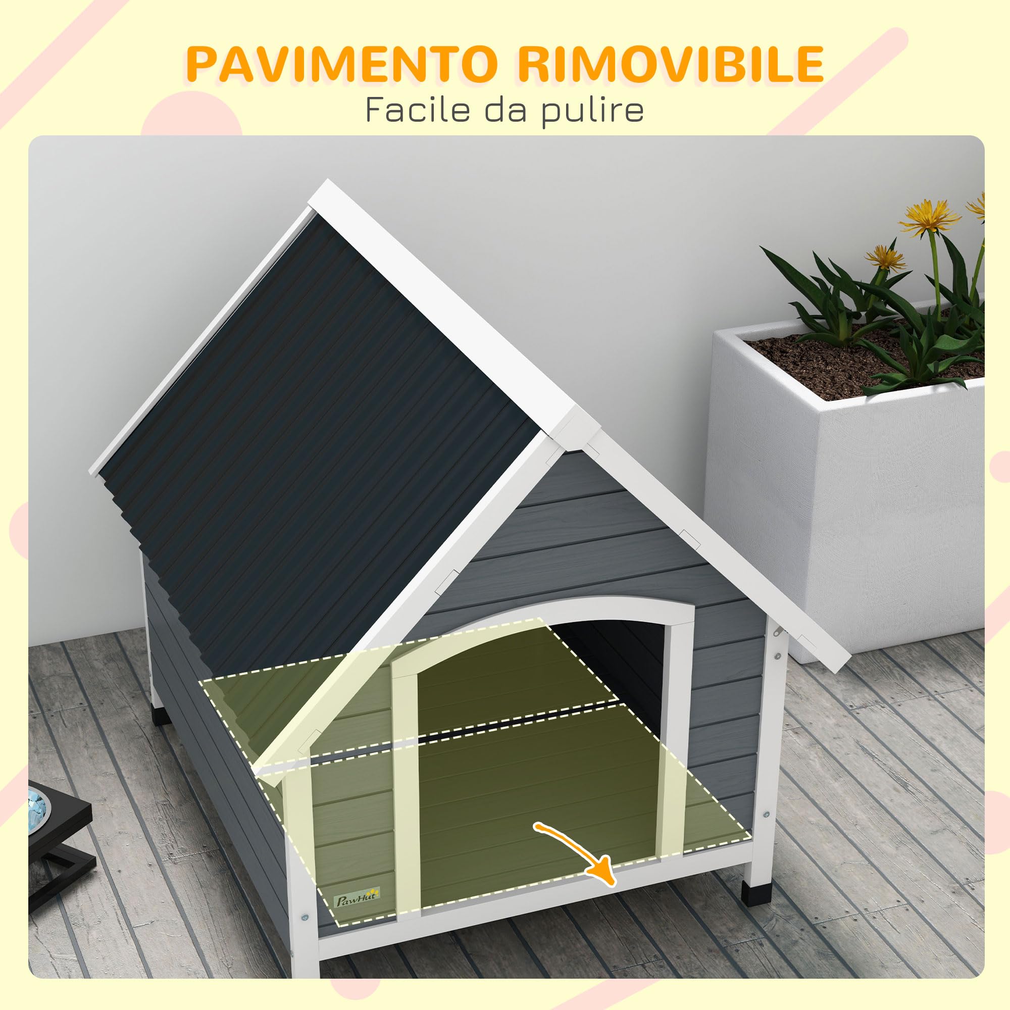 PawHut Cuccia per Cani da Esterno in Legno, Casetta, 84x99x87cm Grigio | Pavimento Estraibile, Tetto Spiovente, per Cani Grandi