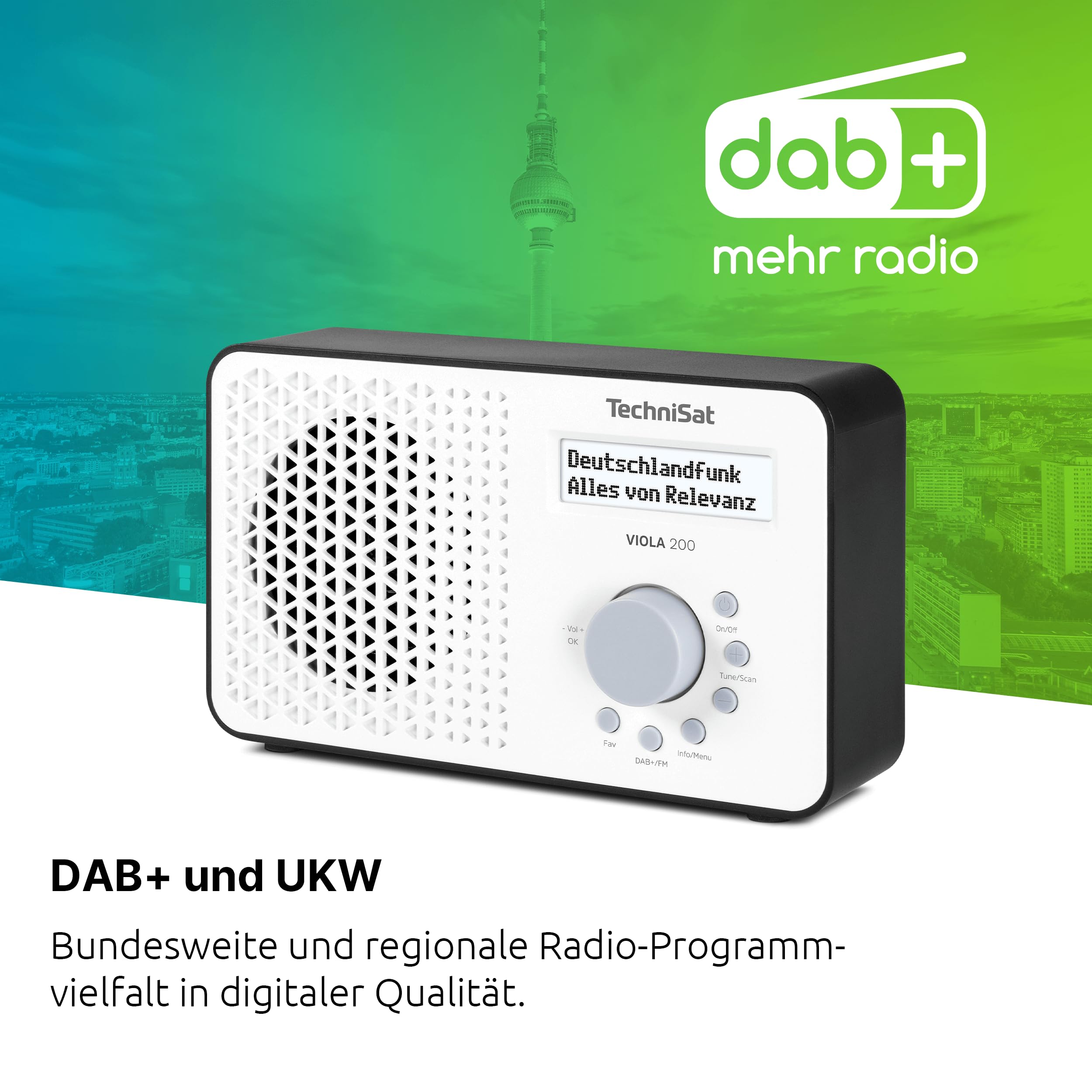 TechniSat Viola 200 - tragbares DAB+/UKW-Radio (mit LCD-Display, Teleskopantenne, Favoritenspeicher, Kopfhöreranschluss, Netz- & Batteriebetrieb, Mono-Lautsprecher, RDS, PLL) weiß/schwarz