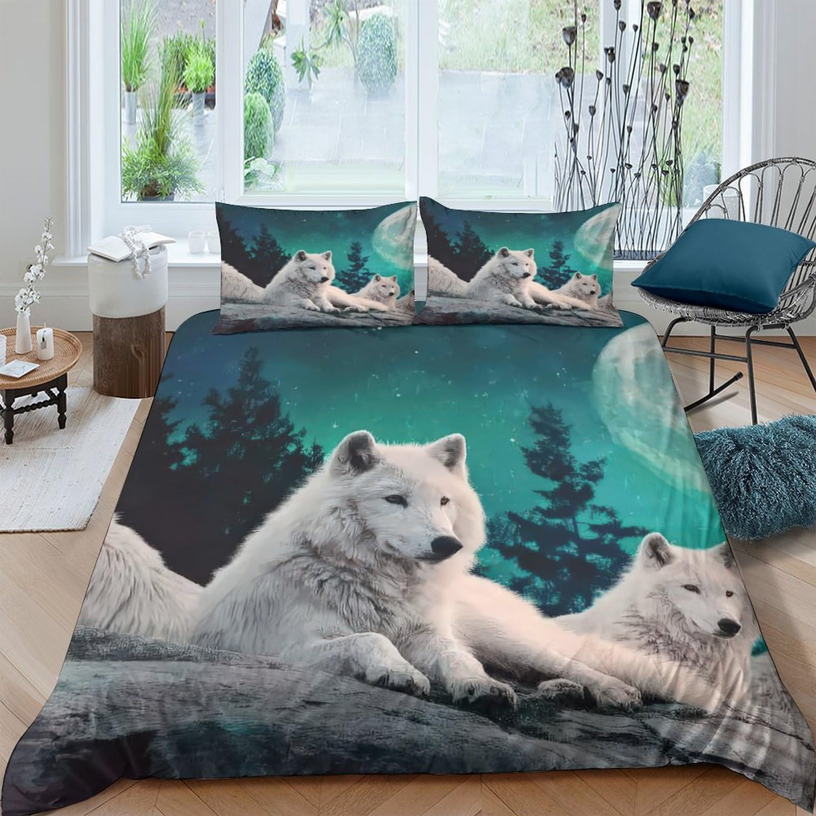 Ctjqhvkz Style-7 3D Printed Arctic Wolf Fitted Sheet Microfiber Soft Forest Moon Mattress Cover For Bedroom Decor Mattress Protector Single（135X200cm）