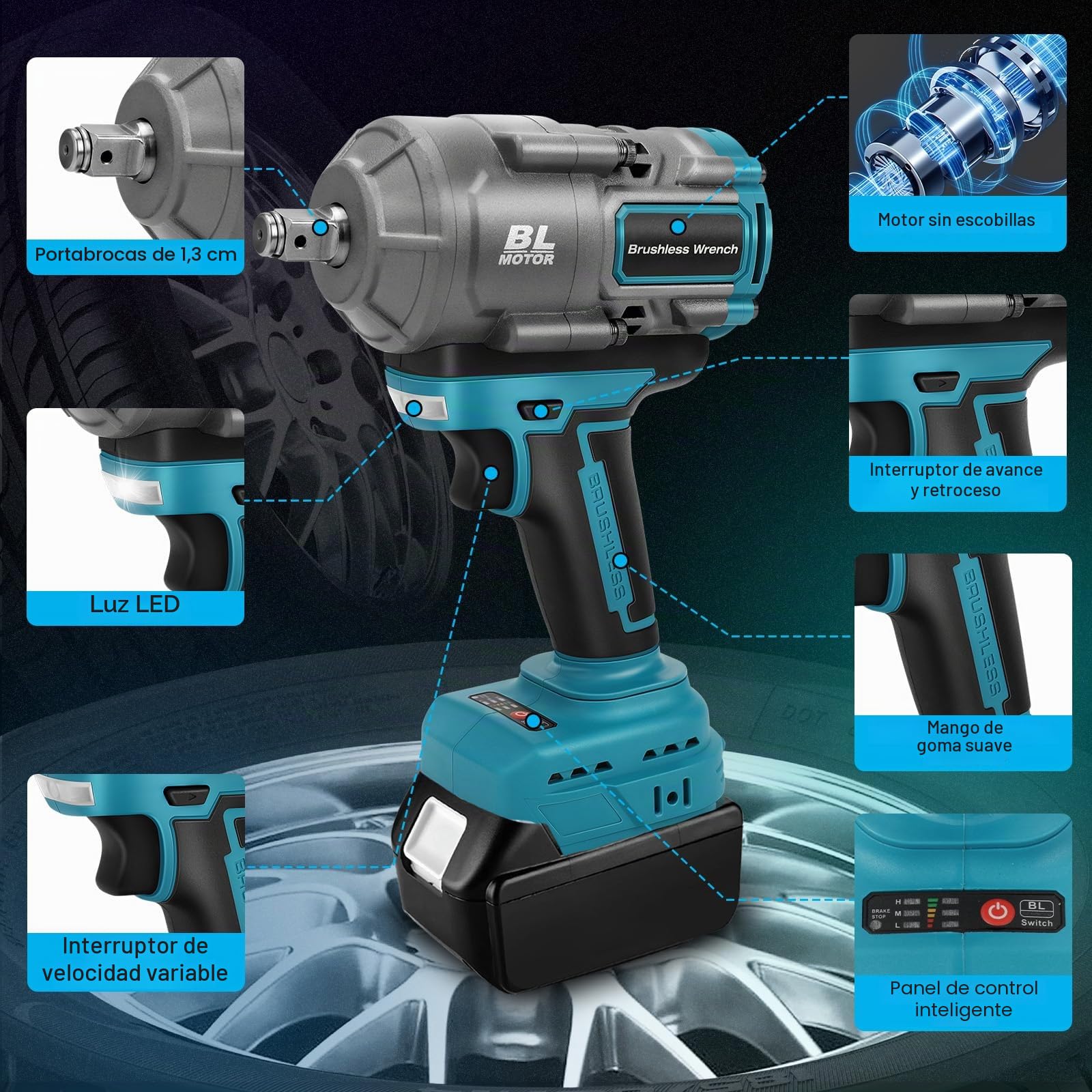 Llave de impacto con batería de 1100 Nm para Makita 18 V batería (sin batería), llave de impacto sin escobillas de 1/2 pulgadas con 7 llaves de vaso y luz LED