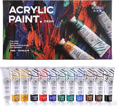 rubens Artist Grade Heavy Body Acrylic Paint, 12 Colors Vivid Acrylic Paint Set 20ml, 0.68 oz Tubes, High Pigment Art Supplies for Canvas, Wood, Rock Crafts, Painting Supplies for Professionals, Beginners