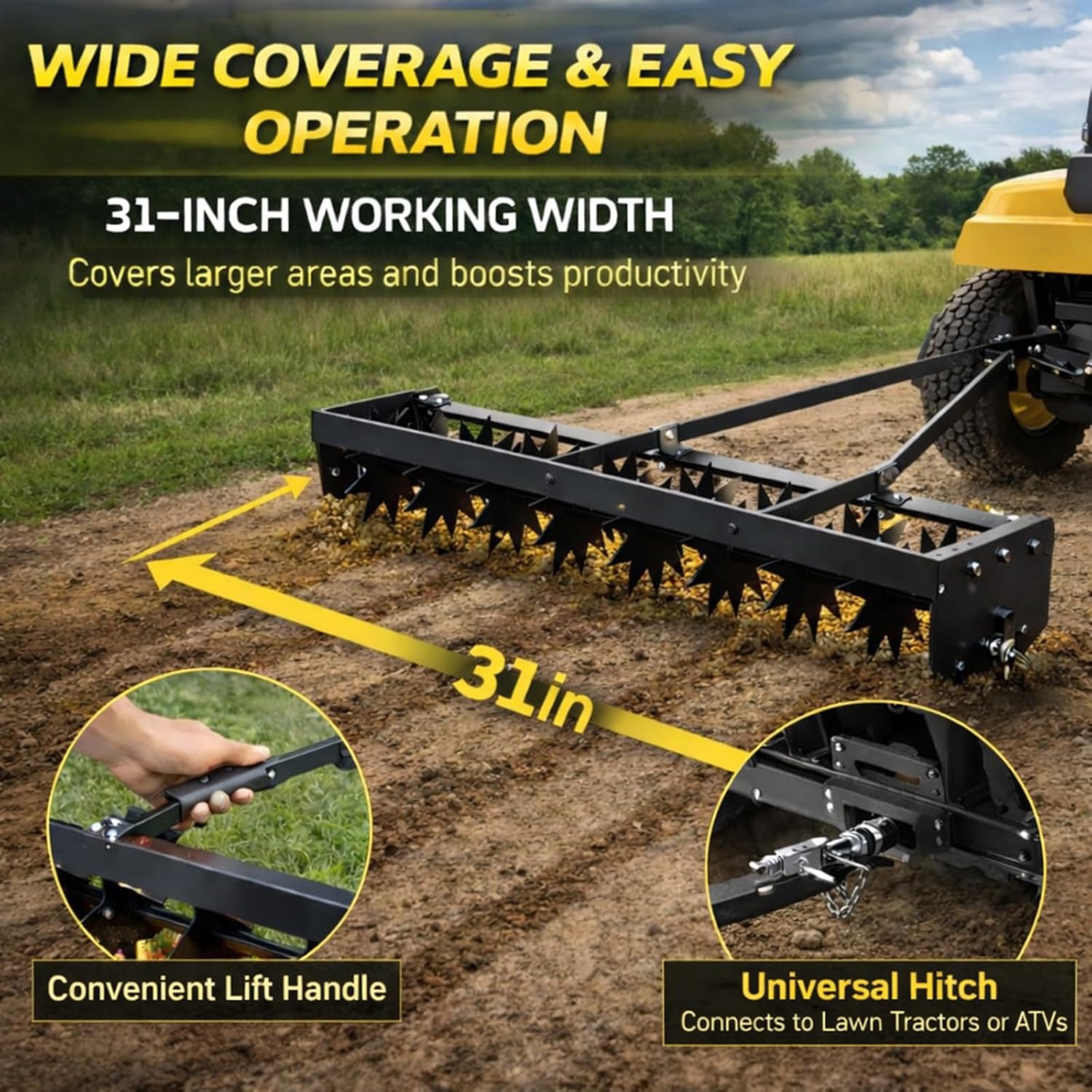 31" Rolling Manual Lawn Aerators, Push Lawn Aerator Tool, Grass Tow Behind Aerator Tool Roller with Soil Penetrator Spikes for Lawn, Yard and Garden, Black
