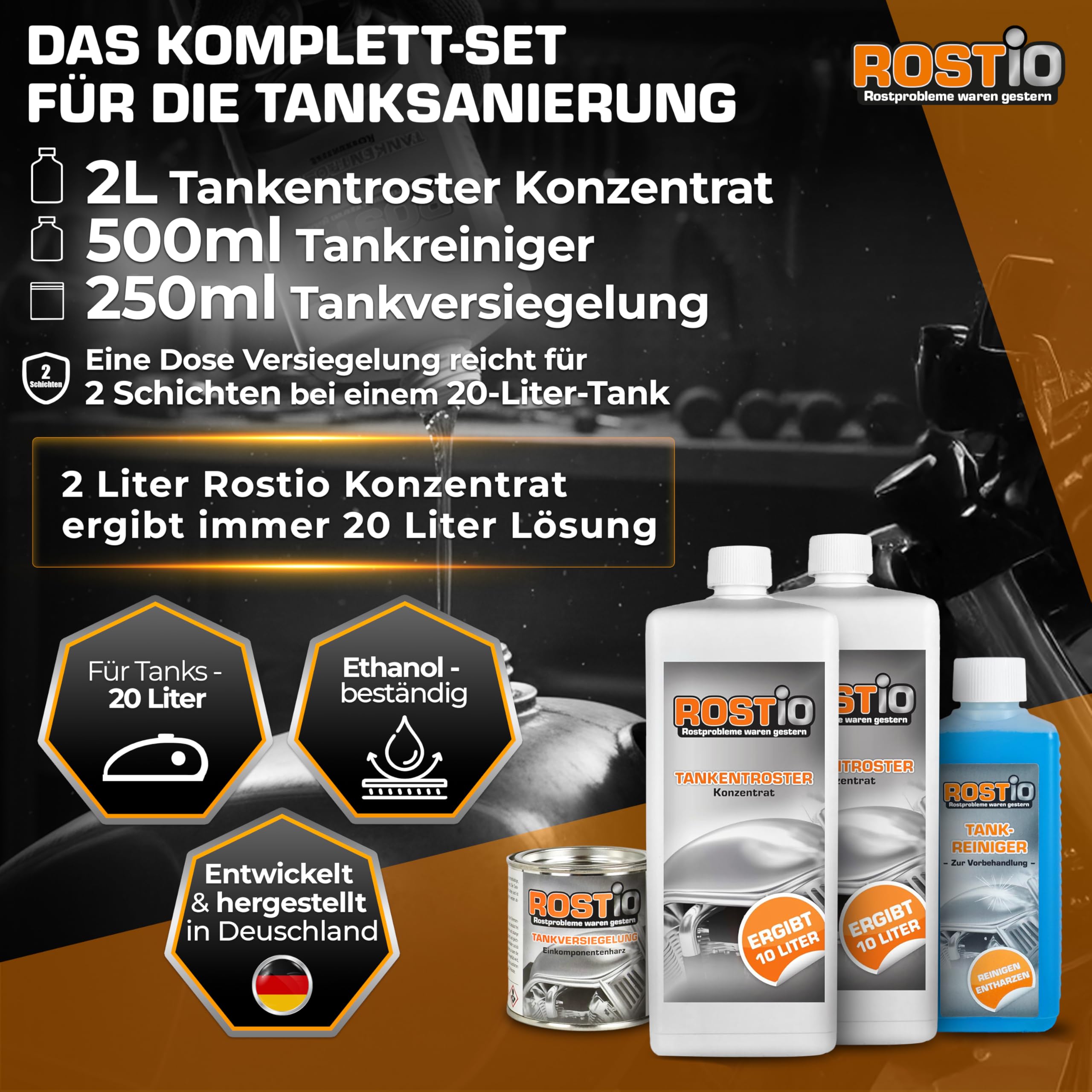 Rostio Tankentroster-Set 2L – inkl. 500ml Tankreiniger & 250ml Tankversiegelung – Mischverhältnis 1:10 (20 L Lösung) – Tanks bis 20L – Rostentferner & Korrosionsschutz – ethanolfeste Versiegelung