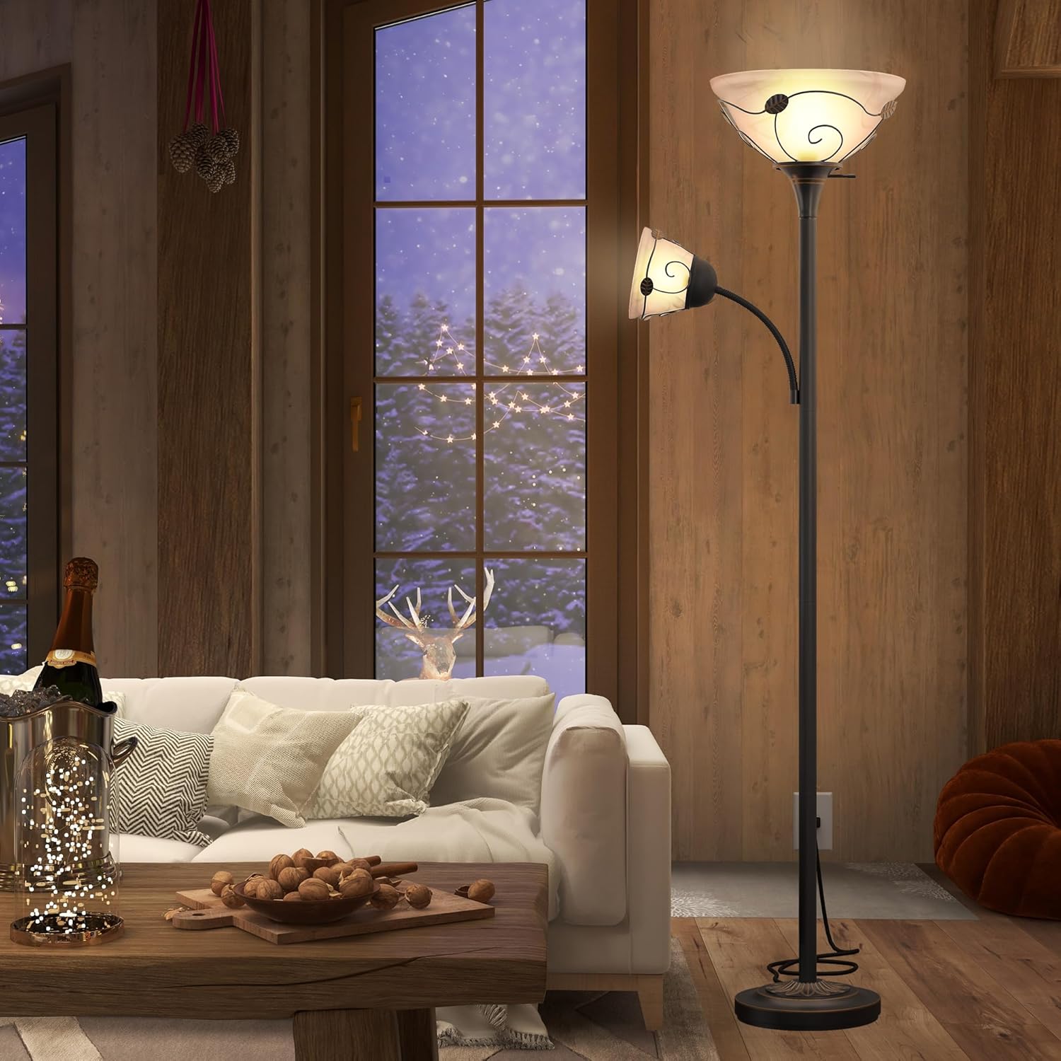 DWVO Torchiere Floor Lamp with Sidelight for Reading Home Decor, 71" Floor Lamp with Glass Shade for Bedroom, Living Room Office (Bulbs not Included)