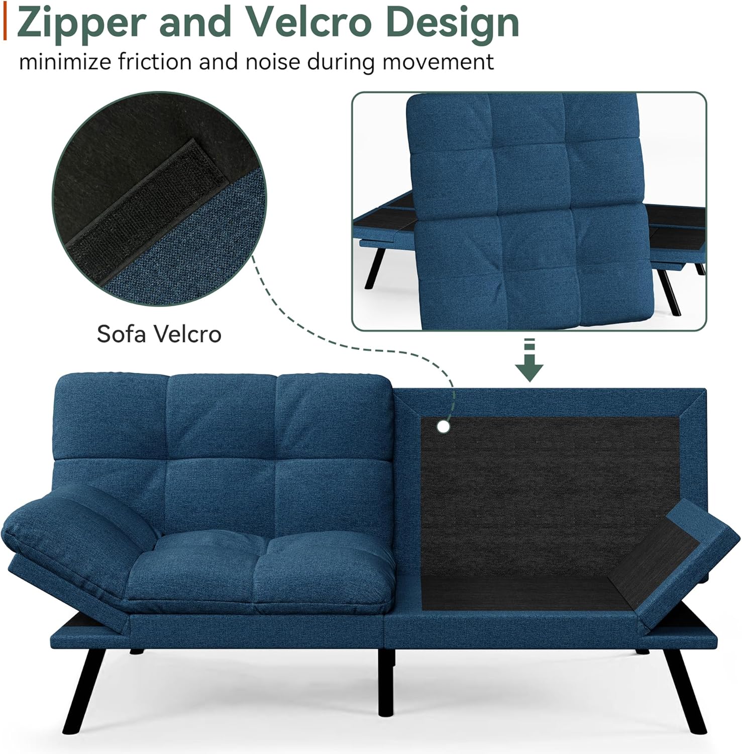 Opoiar Convertible Futon Sofa Bed,71" Memory Foam Futon Couch,Detachable Cushion,Adjustable Backrest & Armrest,Linen Modern Loveseat Sleeper Recliner for Living Room,Office,Apartment,Retro Blue