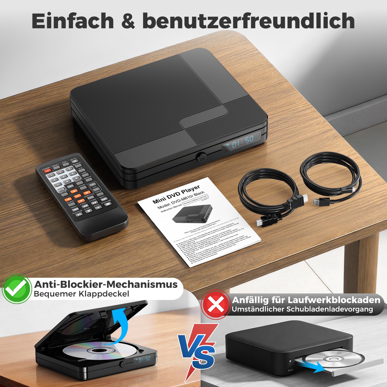 DVD Player für Fernseher, Mini DVD Player HDMI mit 1080P Upscaling, All Region Free, mit USB 2.0-Anschluss und Fernbedienung, Breakpoint Speicher, für Smart TV, integriertes PAL/NTSC