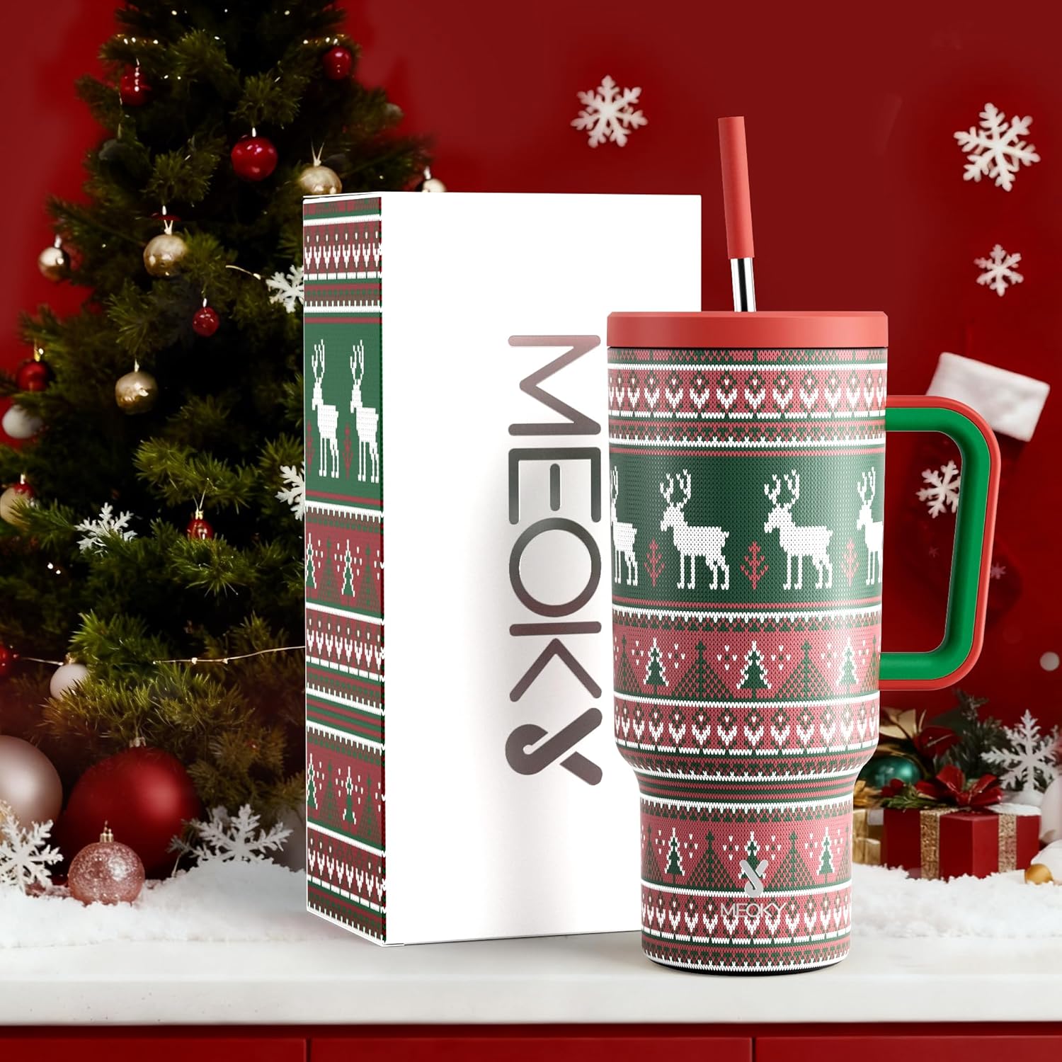 Meoky 40 oz Christmas Tumbler with Handle and Straw, Xmas Tumbler with Lid and Straw, Insulated Stainless Steel Travel Mug, Christmas Gifts for Women Men Adults (Jolly Reindeer) - Image 6