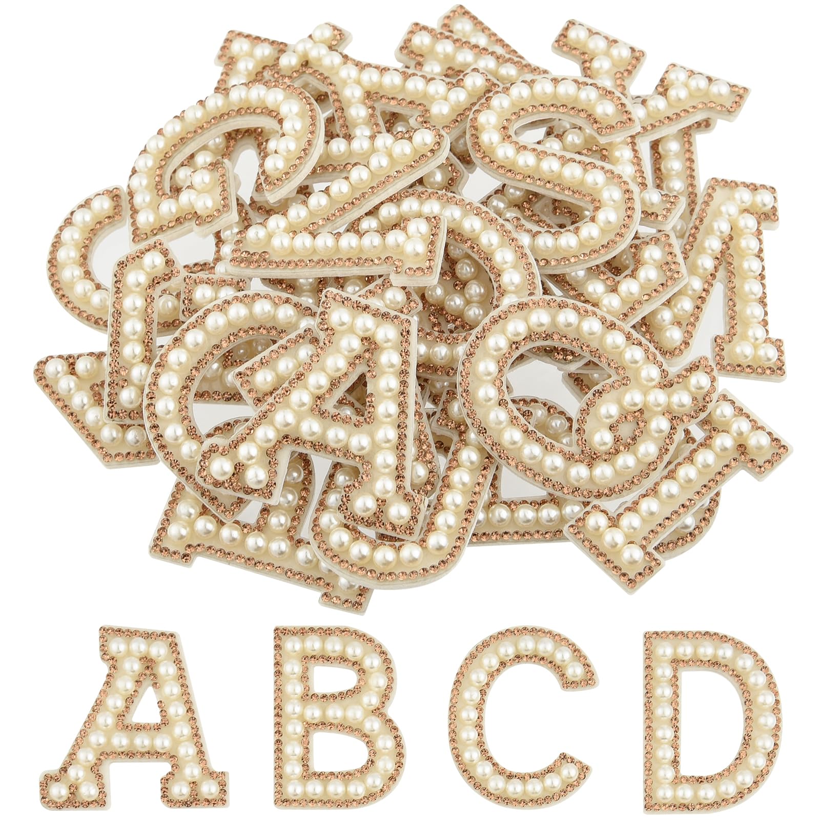 CHRORINE 26/52/78 Pcs Self Adhesive Pearl Rhinestone Letter Patches A-Z, Pearl Letter Alphabet Stickers for Hats, Clothes, Pants, Bags (52, Light Brown, Height 1.9″)