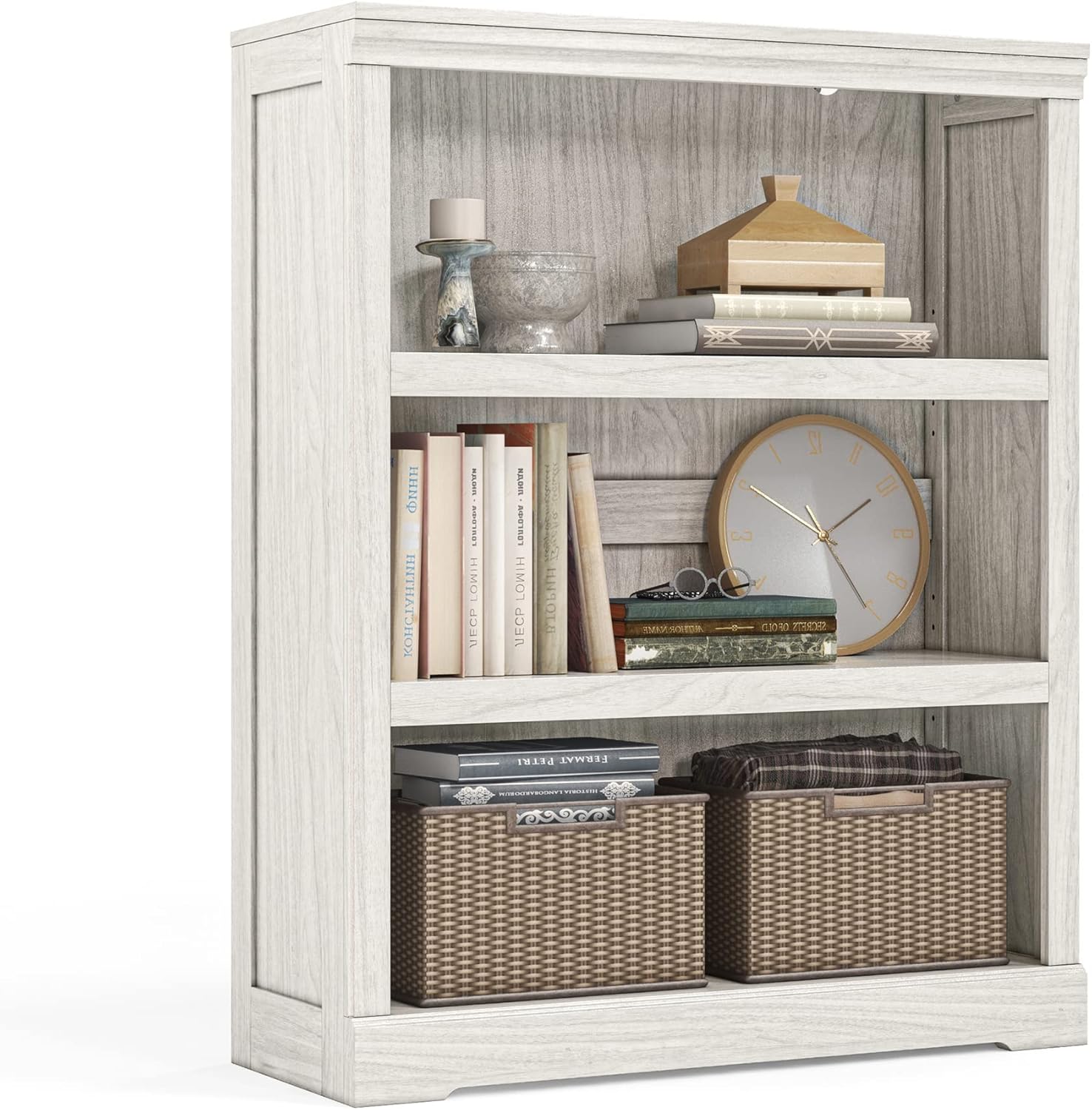 LINSY HOME 3-Tier Bookcase, Small Bookshelf Wood Display Storage Shelves Farmhouse Bookshelf for Home Office, Living Room, Bed Room - White Oak