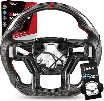 Heated Steering Wheel for Ford F150 20152020, Real Carbon Fiber, Includes Decorative Trim Piece, D-Shaped Flat-Bottom, Hand-Stitched Nappa Grip, for F150 Lariat, King Ranch, Platinum, Limited