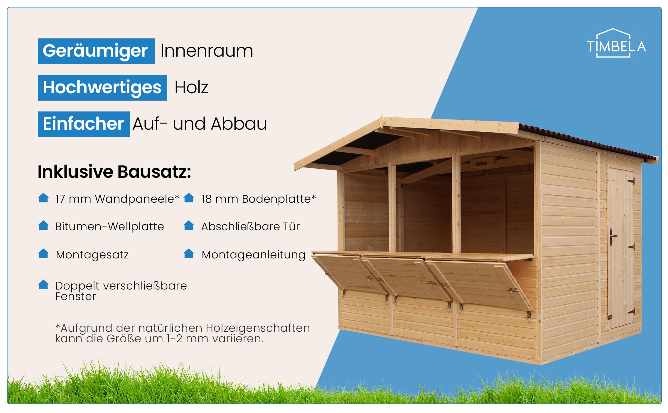 TIMBELA M150A Holz Gartenhaus, Marktbude Holz, Qualitäts Schiffslatten Kiefern Fichte Verkaufsstand Holzhaus mit Theke, DREI Fenster, 200x300/6 m2, große multifunktionale Garten-Bar Verkaufshütte