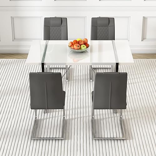 Miniatura 4 de Juego de 4 sillas de mesa de comedor rectangulares modernas, tapizadas de piel sintética, juego de mesa de comedor de 55 pulgadas para cocina