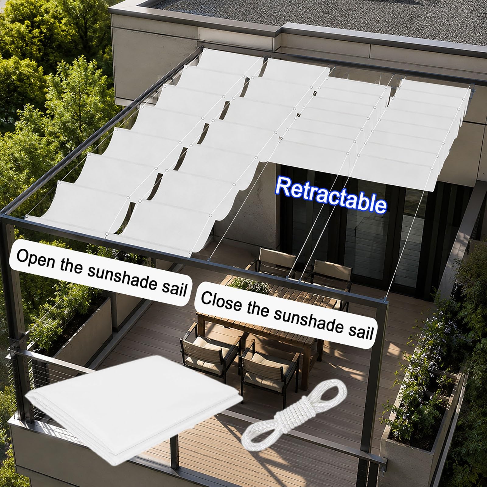 Einziehbare Welle Sonnensegel 250 x 450 cm PES Markisenstoff Sonnenschutz Wasserdicht Stabil Windabweisend Verstellbare Schattenabdeckung für Balkon Terrasse Garten, Weiß