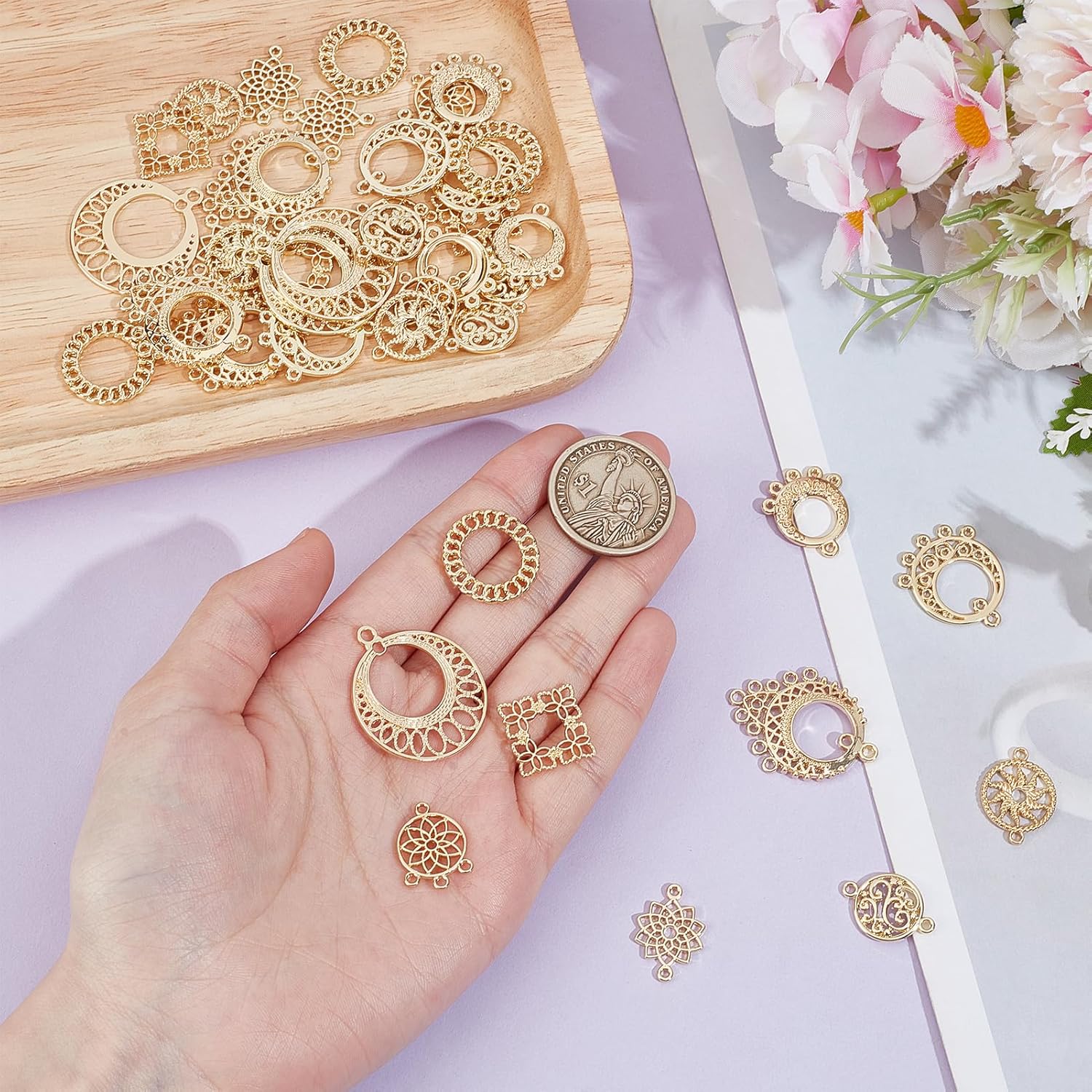 NICENEEDED 40 PCS 10 Styles Chandelier Connector Charms, Component Links Alloy Hollow Filigree Pendants, Flat Round Teardrop Triangle Shape for Jewelry Making Earring Supplies - Image 5