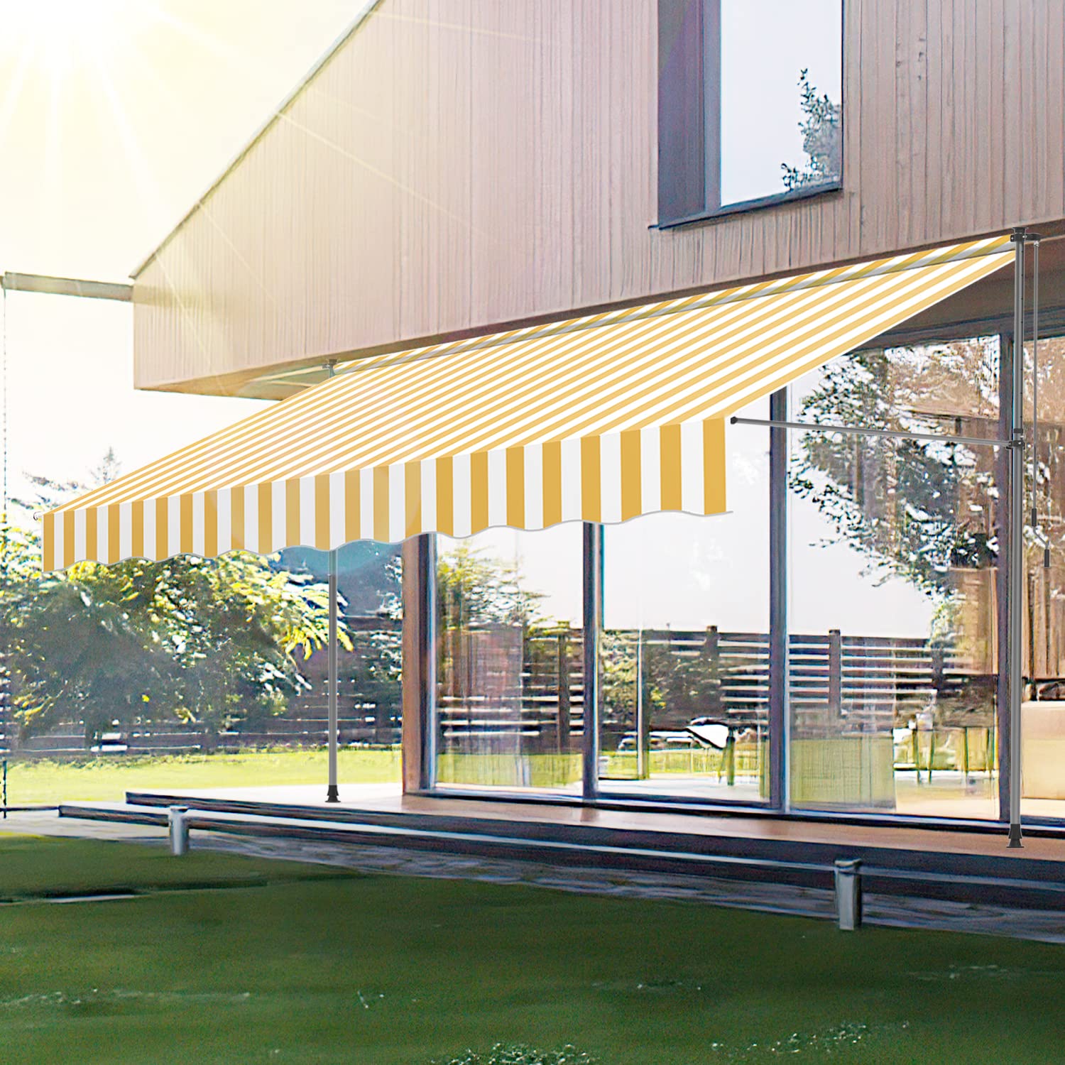 Ikodm Klemmmarkise mit Handkurbel 350cm Gelb Weiß Balkonmarkise ohne Bohren, UV-beständig 50+ höhenverstellbar Sonnenschutz wasserabweisend, einfache Montage