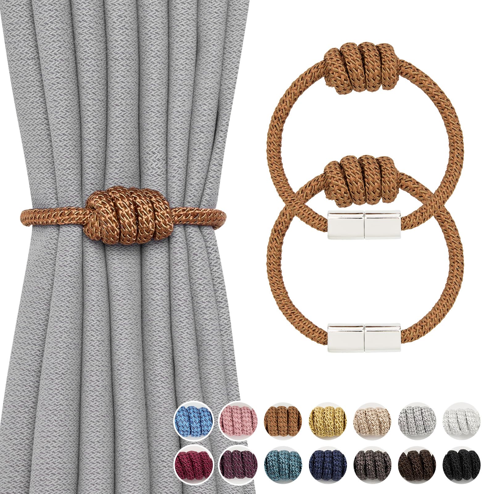 Pretty Jolly 2 Pack Mini Magnetic Curtain Tiebacks Modern Simple Style Drape Tie Backs Elegant Hand Weave Rope Knot Decorative Curtain Holdbacks for Home & Office Window Drapery (Khaki)