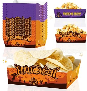 Halloween Disposable Paper Food Trays 24pcs Trick Or Treat Halloween Birthday Decorations Nacho Trays for Witches Pumpkin Bat Ghost Party Supplies