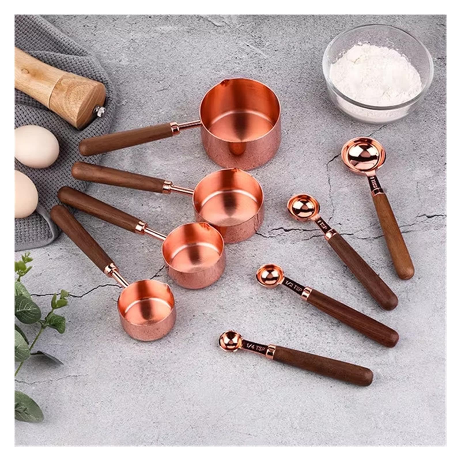 4/8pcs Tasses et cuillères doseuses, manche en bois inox
