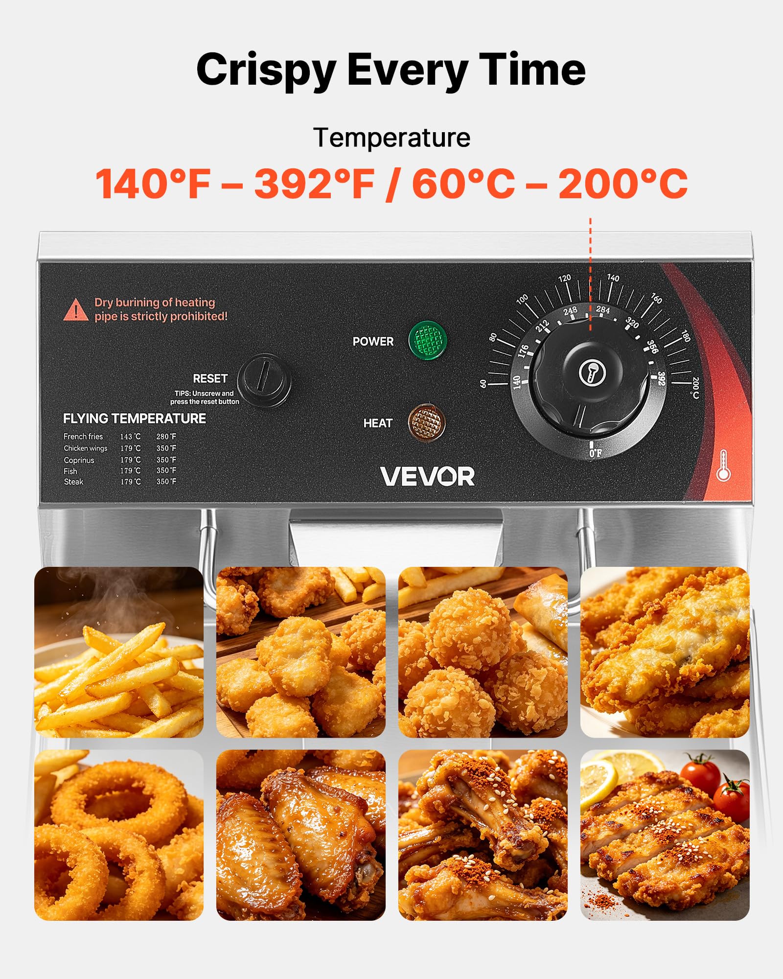 VEVOR Freidora Eléctrica Comercial 1 Tanque 7,5 L 2500 W, Freidora de Aceite de Acero Inoxidable con Cesta para Freír Tapas, Temperatura Ajustable 60-200 °C para Aros de Cebolla, Pollo, Papas Fritas