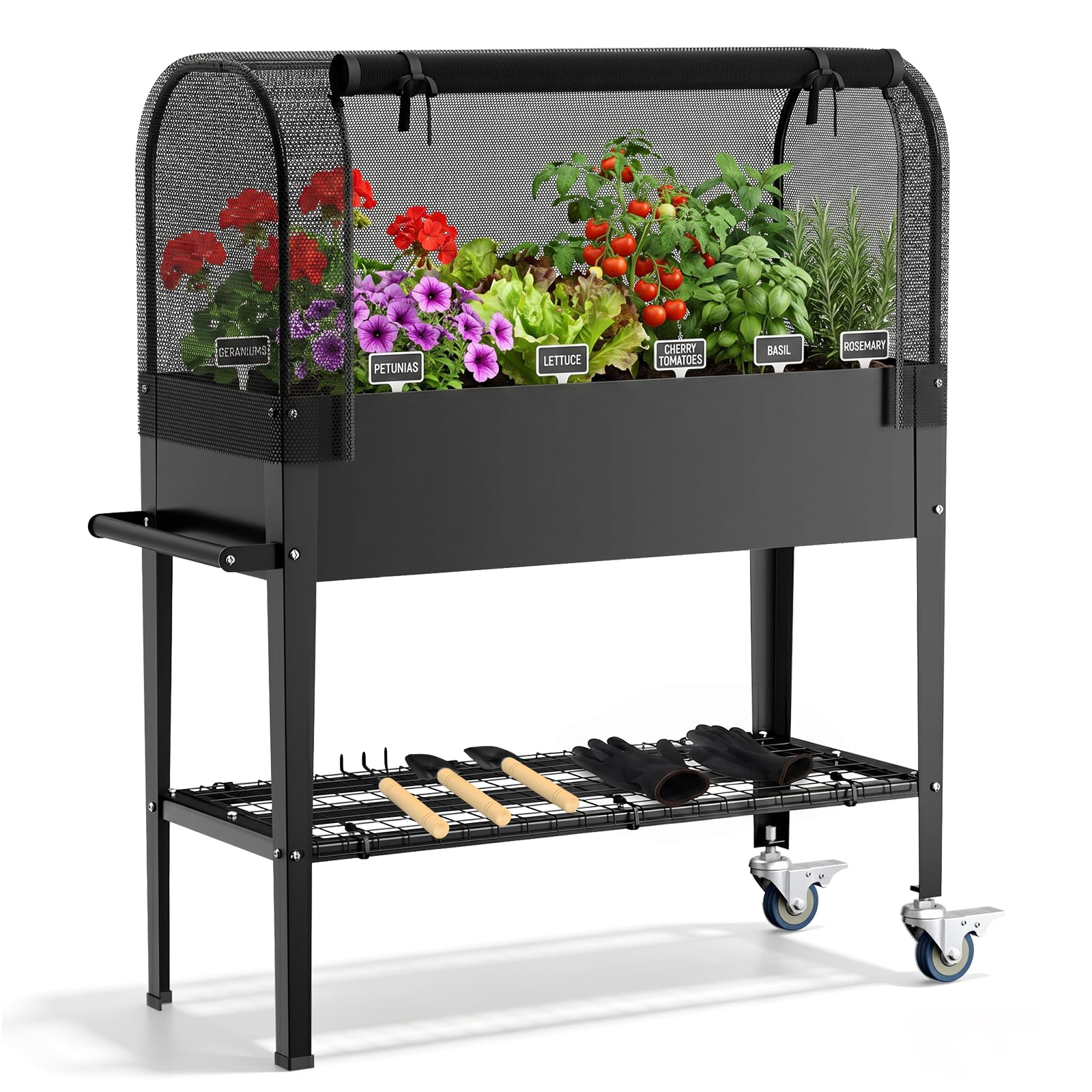 Bancal portátil para verduras con capacidad de 82,7 l | Bancal de metal con cubierta de red y ruedas, 111 x 57 x 120 cm, galvanizado inoxidable, para balcón, terraza