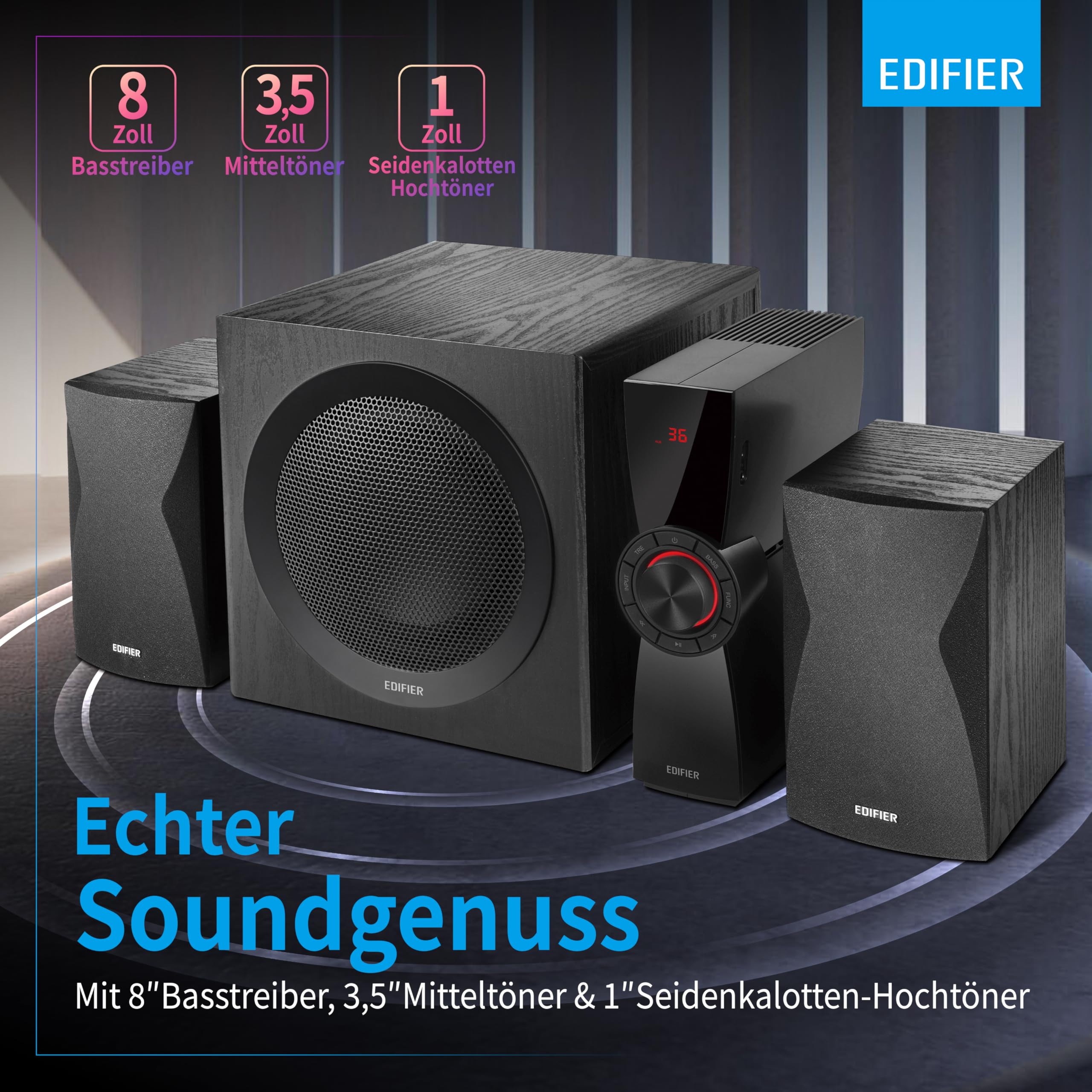 Edifier CX7 Aktives 2.1 Home-Entertainment-System mit Bluetooth V5.0, 21cm (8 Zoll) Subwoofer und Infrarot-Fernbedienung: Perfekt für TV, PC, Notebook etc., Schwarz