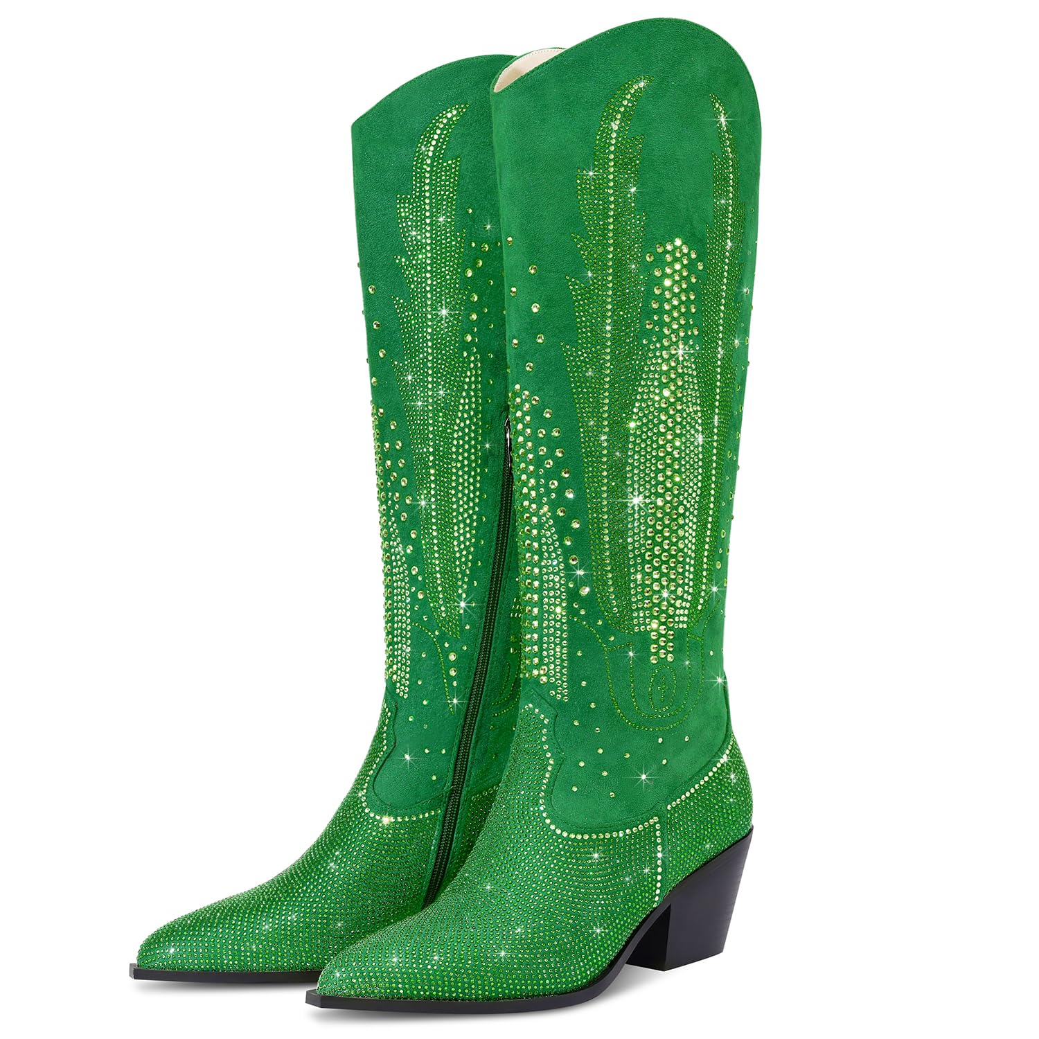 Knee High Cowboy Boots for Women Cowgirl Western Boots Rhinestone Bling Pointed Toe Chunky Heel Pull On Fashion Shoes Tall Black Boot