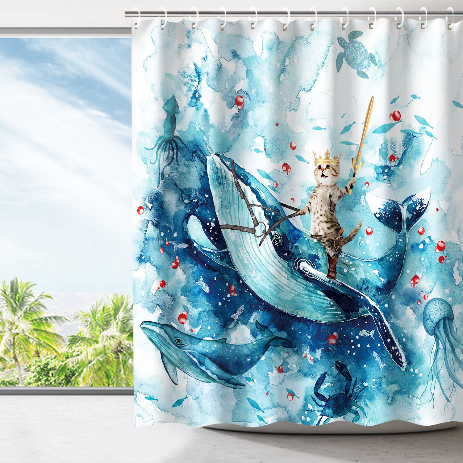 Lustiger Katzen-Duschvorhang – Surfen Auf Welle, 182,9 X 182,9 Cm, Polyester